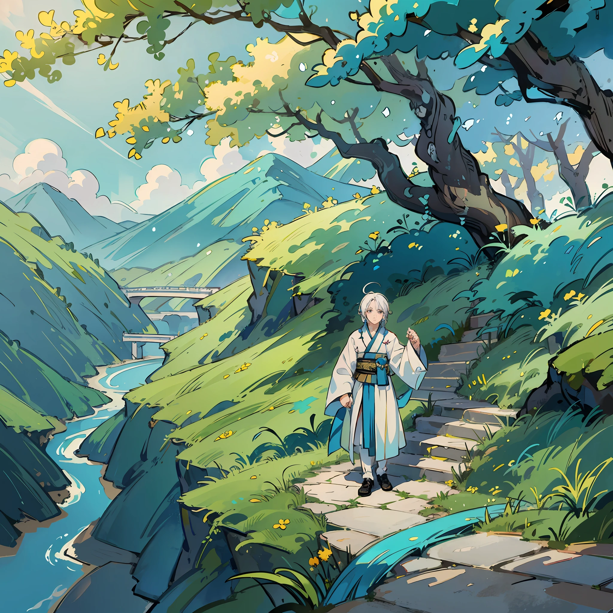 Anime, masterpiece, a boy, boy, boy, white hair, long hair, wearing a cyan robe, breeze, trees, stream, Qingyunzong palace, mountain road --auto --s2
