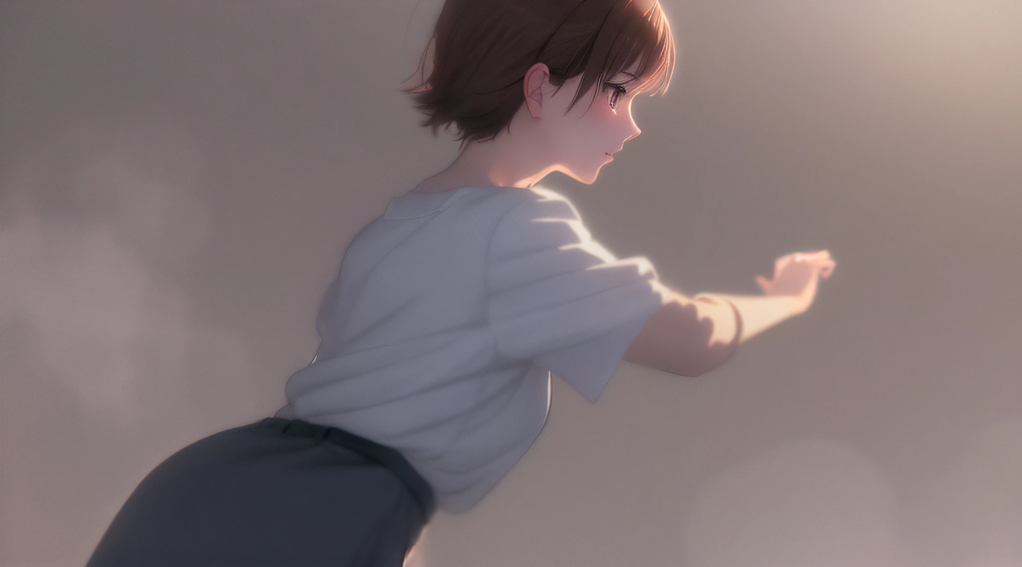 Detailed and perfect anime style illustration, brown short hair, very cute young woman, perfect round eyes, female focus, solo, wearing gray shirt and gray long skirt. Daydream, dramatic and fantastic foggy mysterious background, background blurred, dramatic lighting Makoto Shinkai