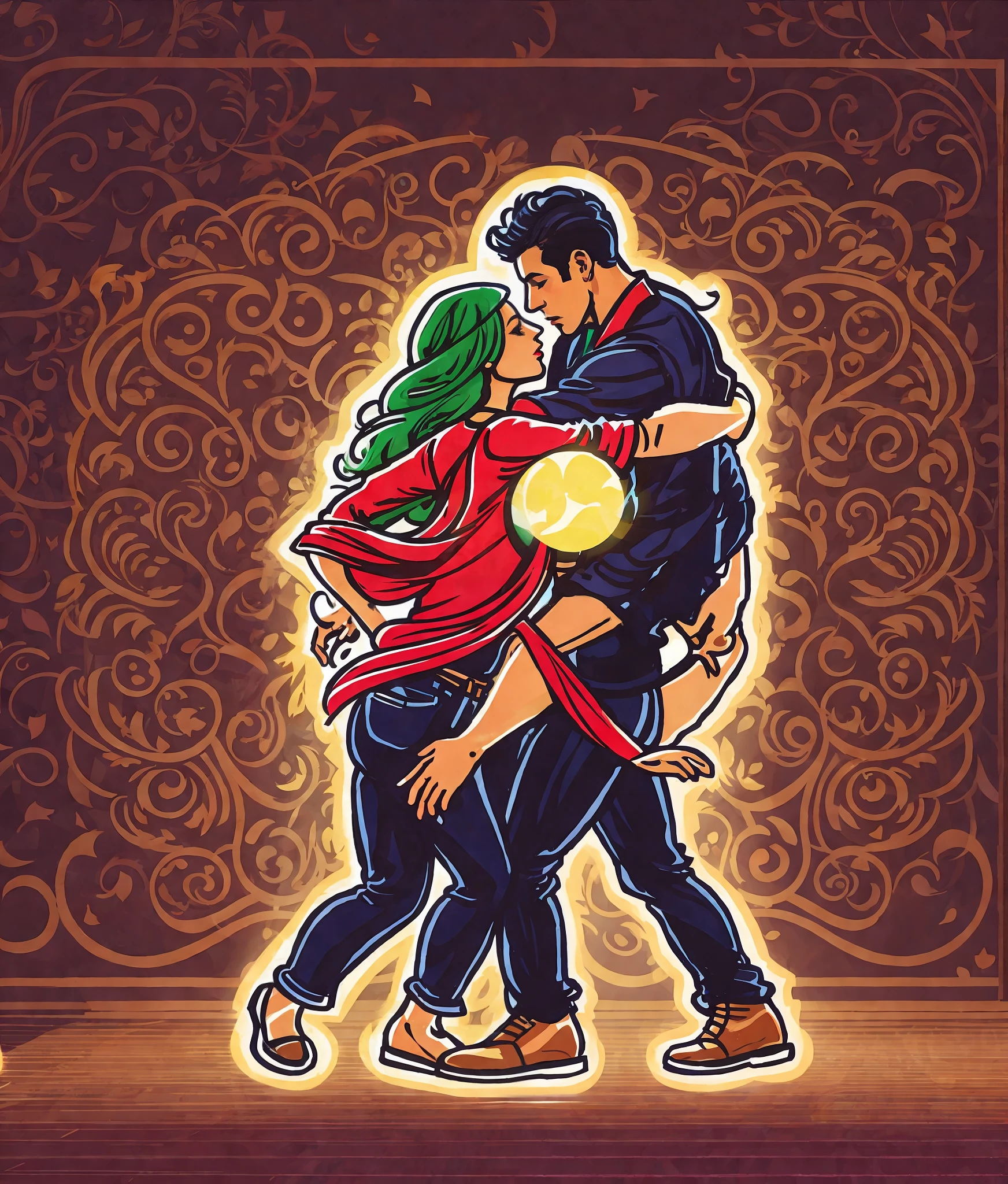 illustration of a couple embracing in a dance pose, inspired by Asaf Hanuka, art cover illustration, dancing with each other, couple dance, stylized digital illustration, digital illustration style, cover illustration, by Juan O'Gorman, salsa dance, background art, cartoon style illustration, folk illustration, digital illustration, Caribbean folk illustration