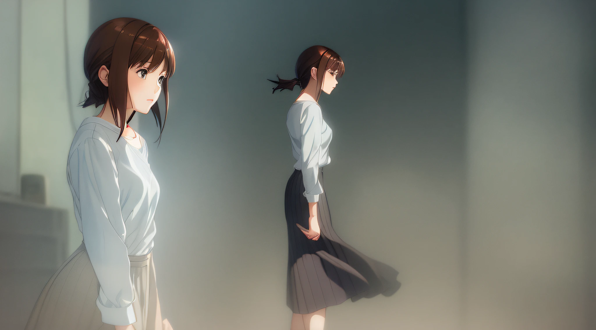Detailed and perfect anime style illustration, brown short hair, very cute young woman, perfect round eyes, female focus, solo, wearing gray shirt and gray long skirt. Daydream, dramatic and fantastic foggy mysterious background, background blurred, dramatic lighting Makoto Shinkai