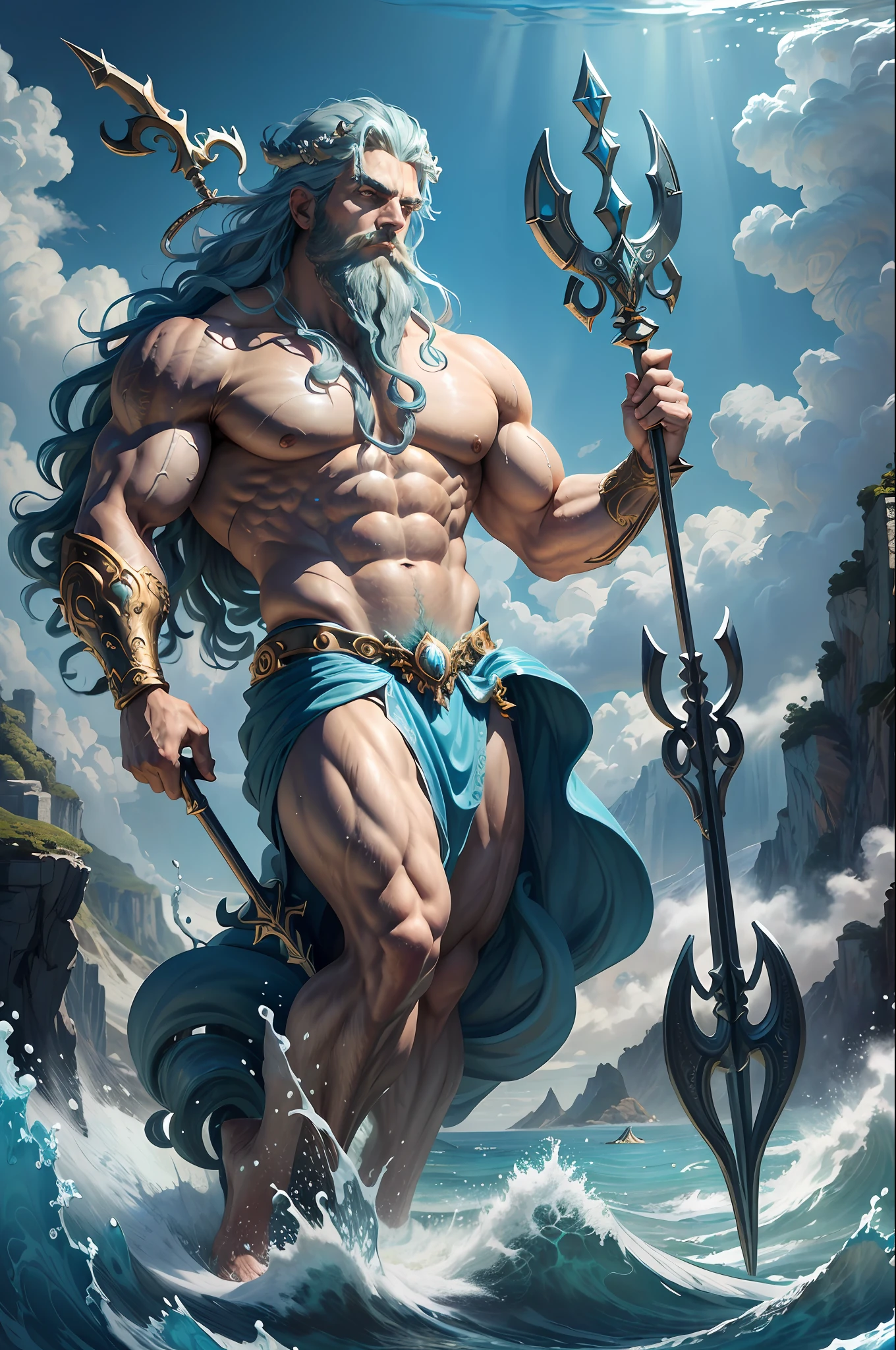 ((best quality)), ((masterpiece)), (detailed), depiction of Poseidon, the Greek god of the sea, (mythology:1.2), (majestic appearance:1.1), (trident in hand:1.2), flowing beard and hair, muscular physique, wearing a regal crown made of seashells, (oceanic realm:1.1), (powerful presence:1.2), (stormy waters:1.1), (godly aura:1.1), (commanding gaze:1.1), 8k resolution.