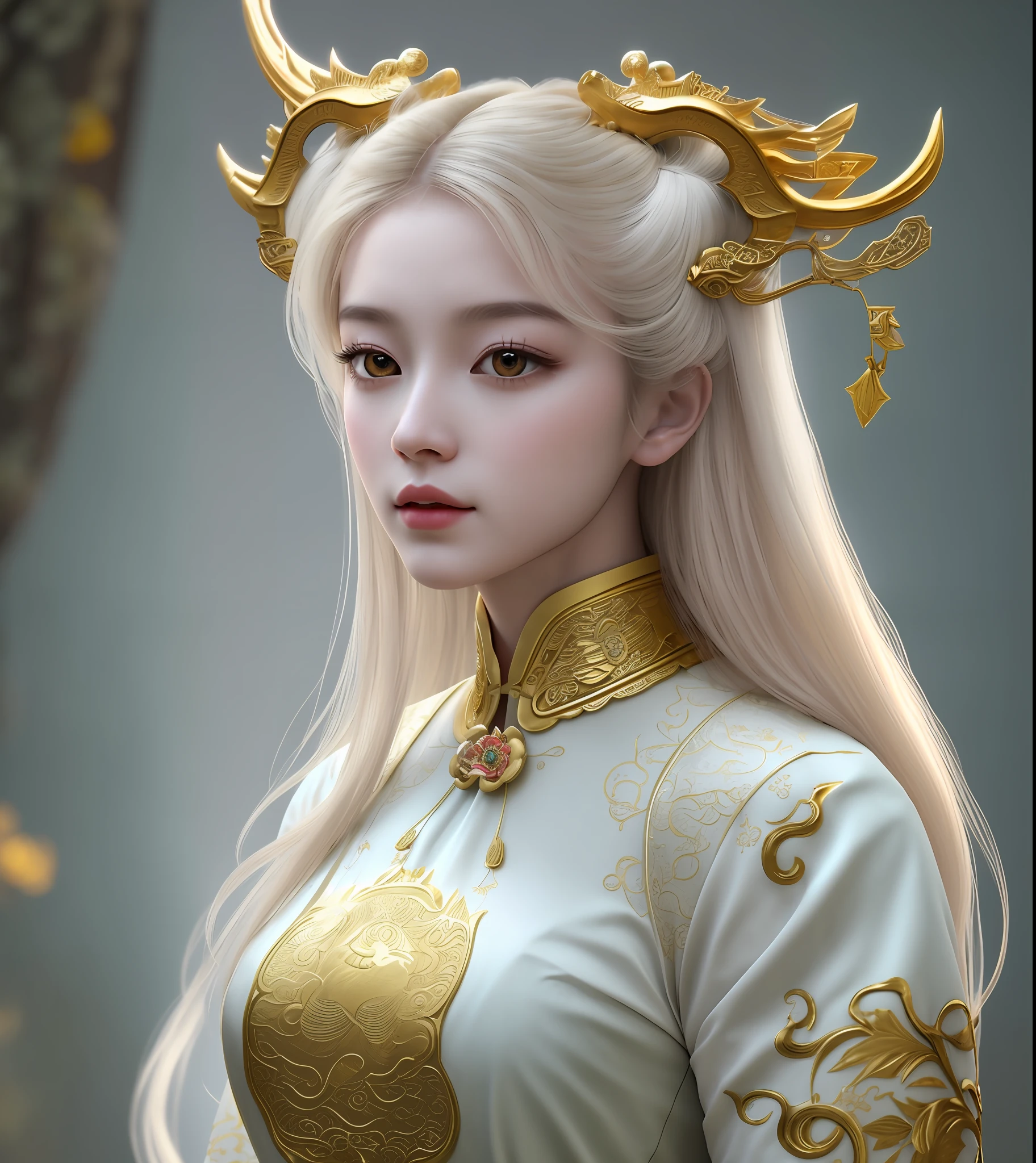 a close up of a woman with long blonde hair wearing a gold crown, a beautiful fantasy empress, palace , a girl in hanfu, by Russell Dongjun Lu, realistic. cheng yi, trending on cgstation, chengwei pan on artstation, ((a beautiful fantasy empress)), beautiful render of tang dynasty, beautiful character painting, 3 d render character art 8 k
