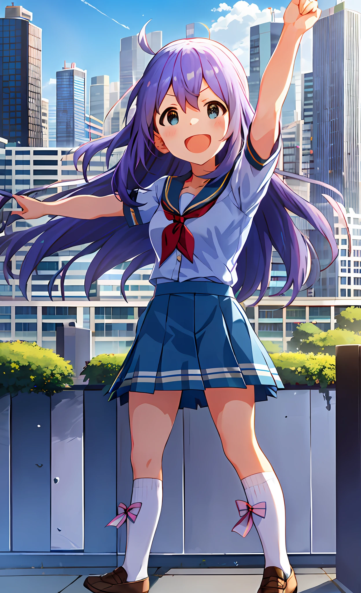 Anna Mochizuki (Million Live), Shiny Trinity \ (Costume), (Best Quality, 8K, Masterpiece, Super Detail: 1.2), Sea, Sun, Mottled Sunlight, Blue Sky, Beautiful Clouds, 1 Girl, Solo, Skirt, Smile, Open Mouth, V, Watch Viewer, White Sailor Color, Blue Shirt, Sailor Color, Blue Skirt, Pleated Skirt, Short Sleeve, :d, Shirt, School Uniform, Blush, Serafuk, Clavicle, bow, ribbon, blue bow. (((Outside))). (((fighting stance))).,((((Giantization))).dynamic focus.small breasts. (((skyscrapers))). (((Cityscape))). (((Face of sadness))). Open mouth. Spread your arms.