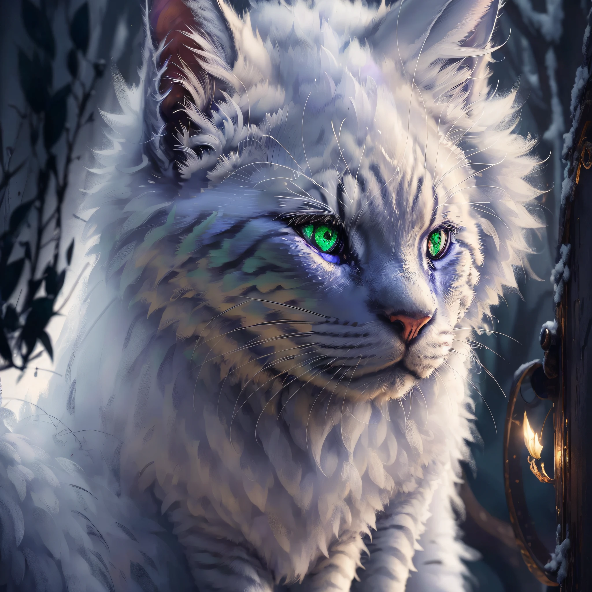 Masterpiece, best quality, dark environment, backlight, blue moon, cat, cat head, white cat hair, (white hair) (very detailed CG unified 8k wallpaper), (best quality), (best illustration), bow cat man, close-up, focused face, depth of field, blurred background, black forest, (best shadow), detailed green eyes, absurdity, realistic lighting, (abyss), fine detail, works by Peter Molbach, fog, fog, --auto --s2