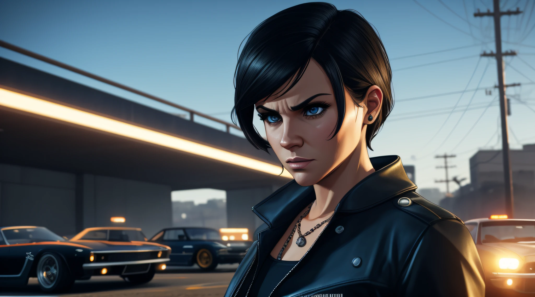 ((gta v style)), ((gta v wallpaper style)), ((gta v artwork)), realistic, photorealistic, cinematic, cinematic lights, dark colors, volumetric lights, reflections, dramatic, ultra detailed, modern, ((masterpiece)), close on the face, background embassado, faint colors, beautiful, sexy woman, solo, blue eyes, short hair, black chanel hair, hair in the wind, light age marks, slim body fitness, angry face,  Sirens.