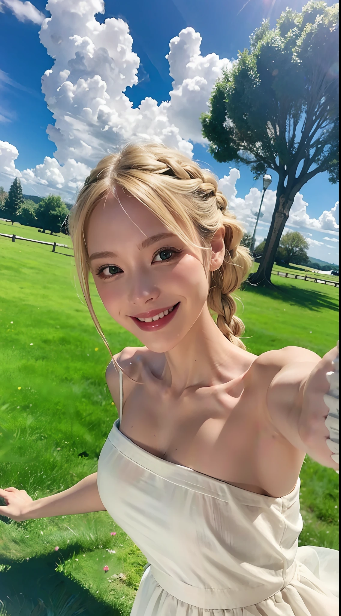 1girl, solo,dress, blonde hair, green eyes, braid, white dress, outstretched hand, outdoors, looking at viewer, cloud, bare shoulders, sky, smile, wind