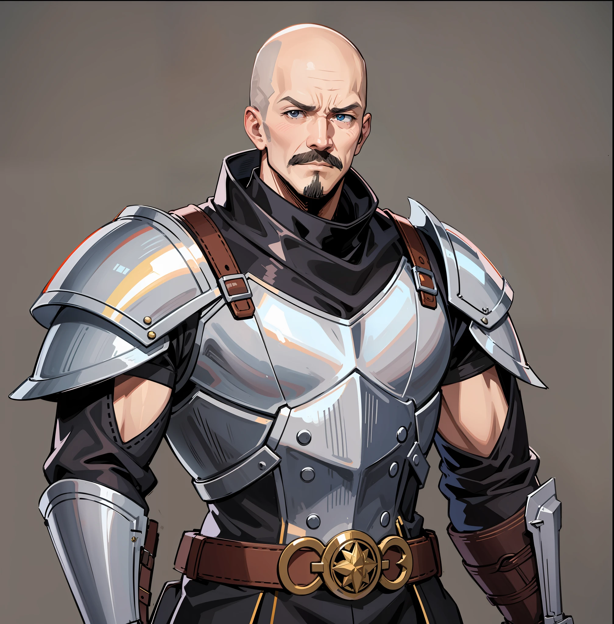 Screenshots of Anime A 40-year-old skinhead mustachioed man dressed like a medieval European knight stands looking at us. Fine line art 2020s anime