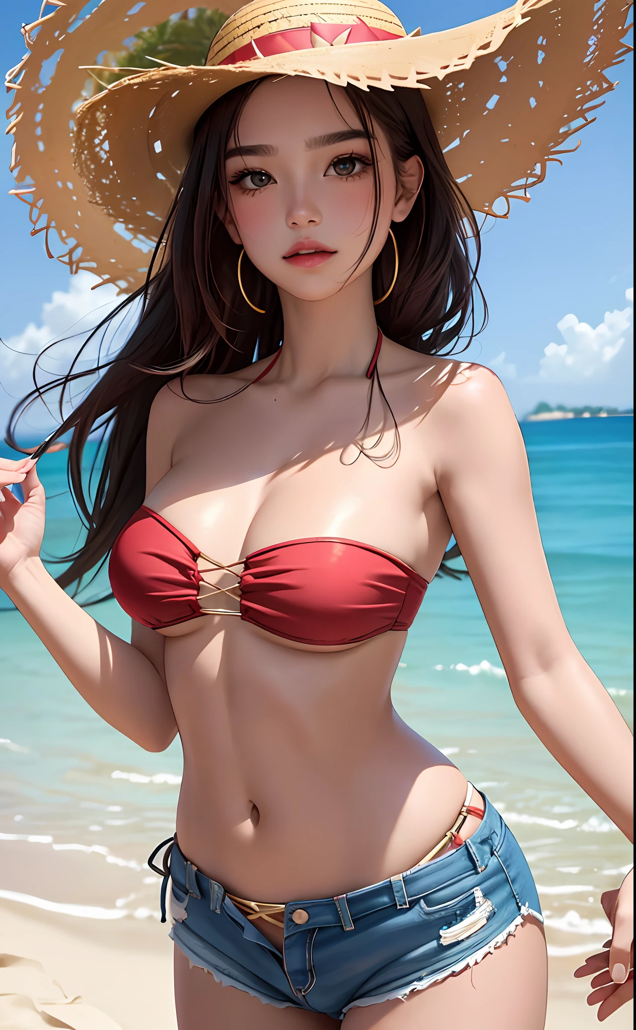 (masterpiece:1.4, best quality), (intricate details), unity 8k wallpaper, ultra detailed, beautiful and aesthetic, perfect lighting, (1girl), dynamic pose, dynamic angle, lipstick, slim, slim body, medium breasts, (Strapless_bikini_top:1.5),(High-waisted_shorts:1.4),(Straw_hat:1.3),(Beach_resort_background:1.4), detailed background, realistic, solo, perfect detailed face, detailed eyes, highly detailed, blush, hair ornament, rolling_eyes, cross-eyed,