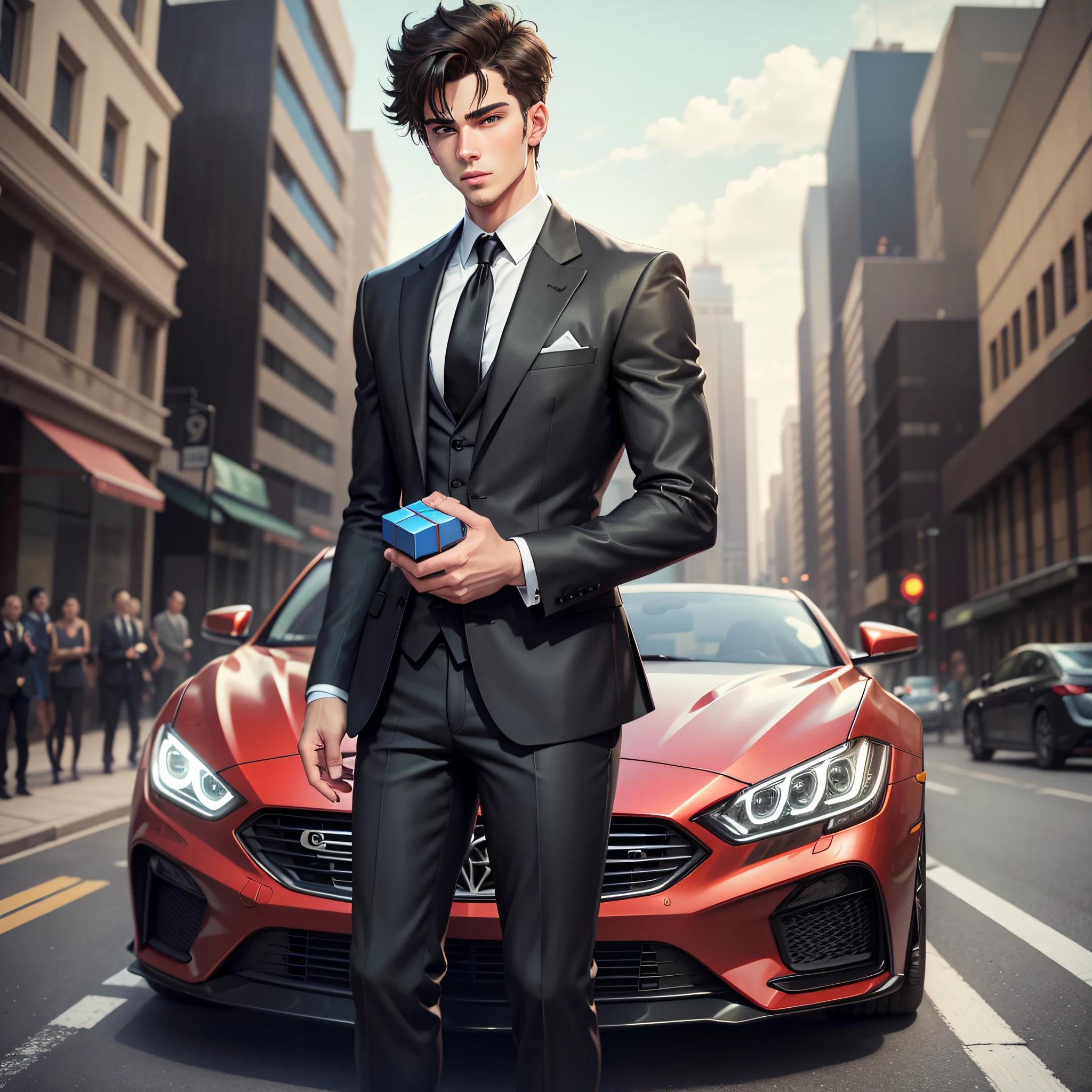 On the street, handsome cartoon boy, wearing a black suit, standing next to a car with a gift in his hand, CG --auto --s2