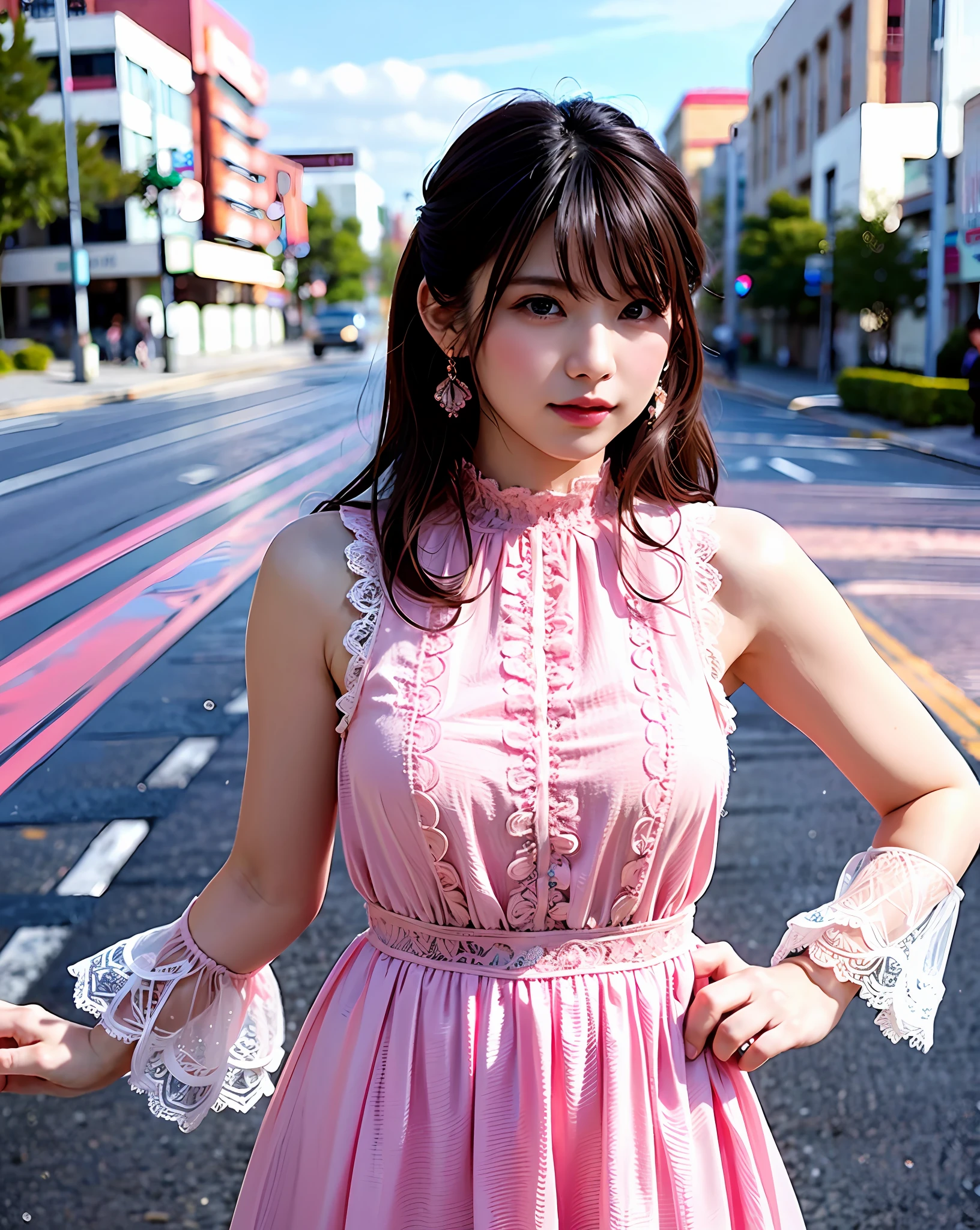 a woman posing on the street corner with pink dress on, best quality, high res, 8k, 1girl, (huge breasts), day, bright, outdoor, (street:0.8), (people, crowds:1), (lace-trimmed dress:1.5, pink clothes:1.5, pink high-neck dress:1.5, sleeveless dress, pink dress: 1.5), gorgeous, (medium hair), beautiful detailed sky, beautiful earrings, (dynamic pose:0.8), (upper body:1.2), soft lighting, wind, shiny skin, looking at viewer,