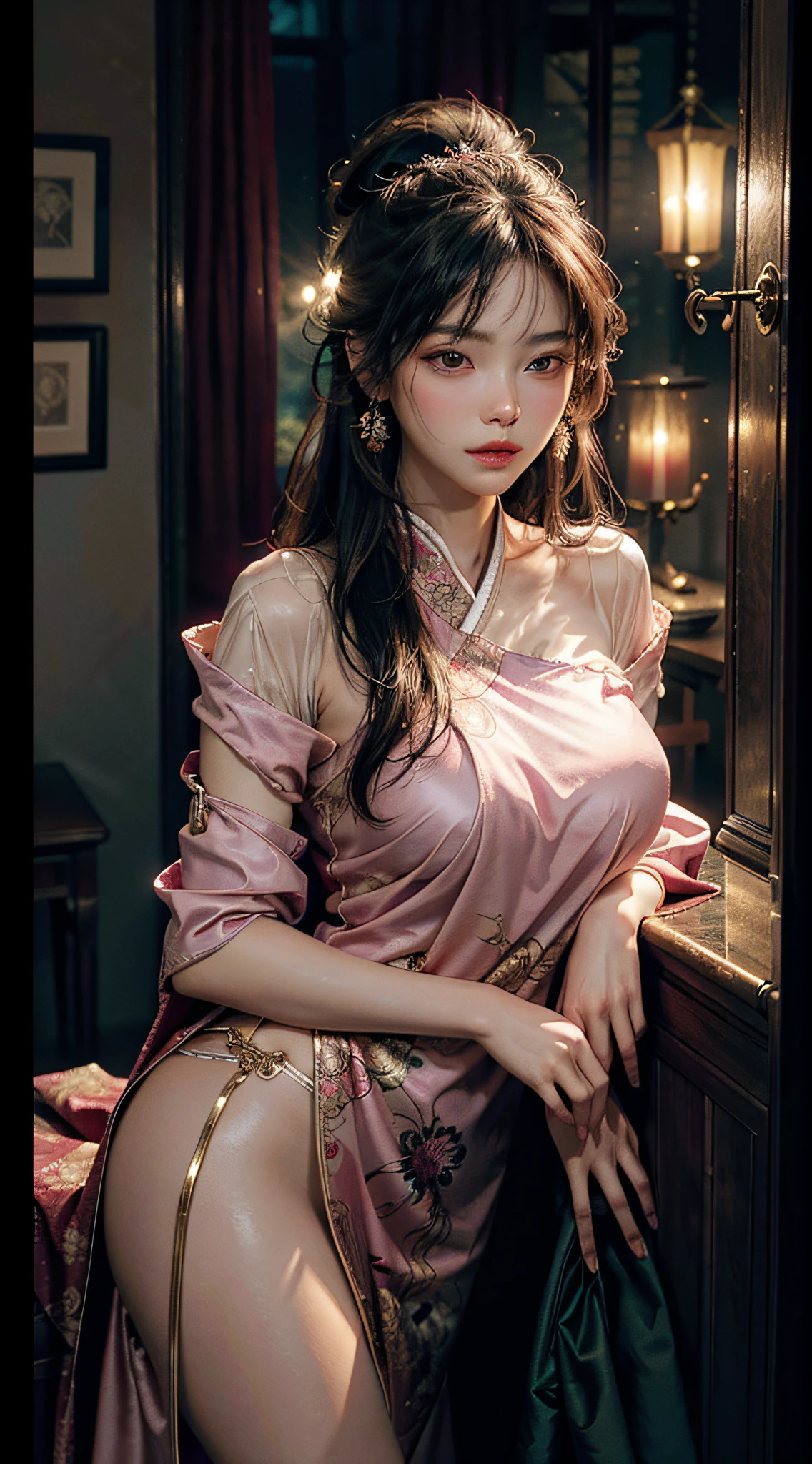 The art depicts a charming woman, 20 years old, dressed in a flowing, silky traditional oriental dress, pink, decorated with intricate patterns and bright colors. Her dress drapes elegantly over her curvy figure, accentuating her seductive silhouette. She stood gracefully in the quiet moonlit night, bathed in the soft glow of the moonlight. The scene exudes an ethereal and dreamy atmosphere, with a touch of mystery and sexiness. The graphic style blends watercolor and digital illustration techniques to evoke a refined beauty and charm. The lights are filled with soft moonlight, casting soft highlights and shadows on her charming features. Bare thighs, big breasts, three-dimensional facial features, charming