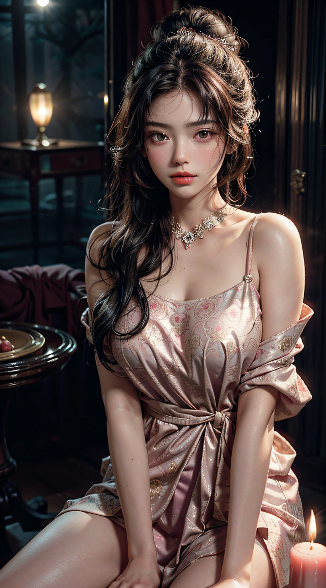 The art depicts a charming woman, 20 years old, dressed in a flowing, silky traditional oriental dress, pink, decorated with intricate patterns and bright colors. Her dress drapes elegantly over her curvy figure, accentuating her seductive silhouette. She stood gracefully in the quiet moonlit night, bathed in the soft glow of the moonlight. The scene exudes an ethereal and dreamy atmosphere, with a touch of mystery and sexiness. The graphic style blends watercolor and digital illustration techniques to evoke a refined beauty and charm. The lights are filled with soft moonlight, casting soft highlights and shadows on her charming features. Bare thighs, big breasts, three-dimensional facial features, charming