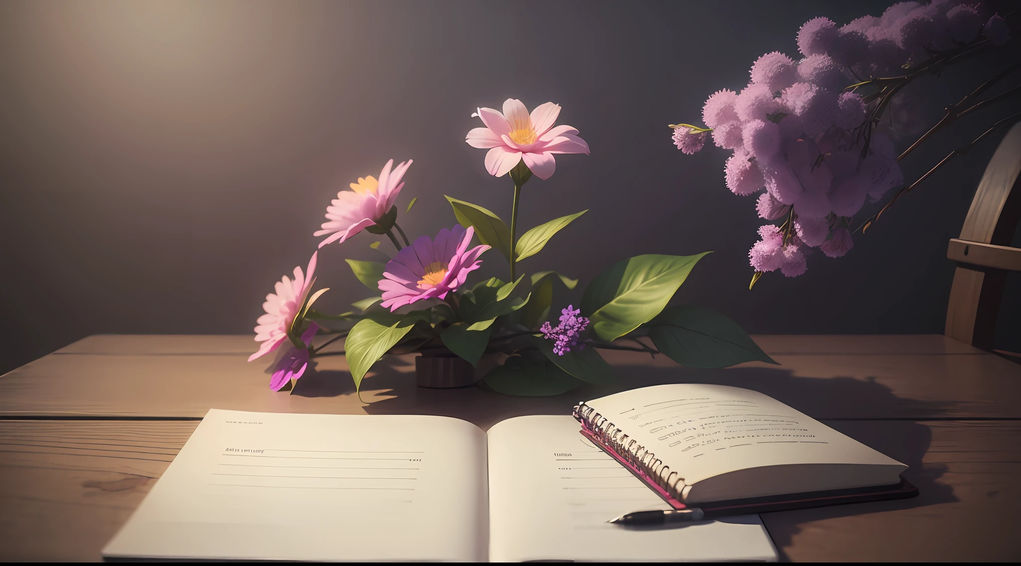 table with notebook,pen, one flower, mystical environment, bright light, sharp focus, volumetric mist, 8k UHD, DSLR, high quality, grain film, Fujifilm XT3 --auto --s2