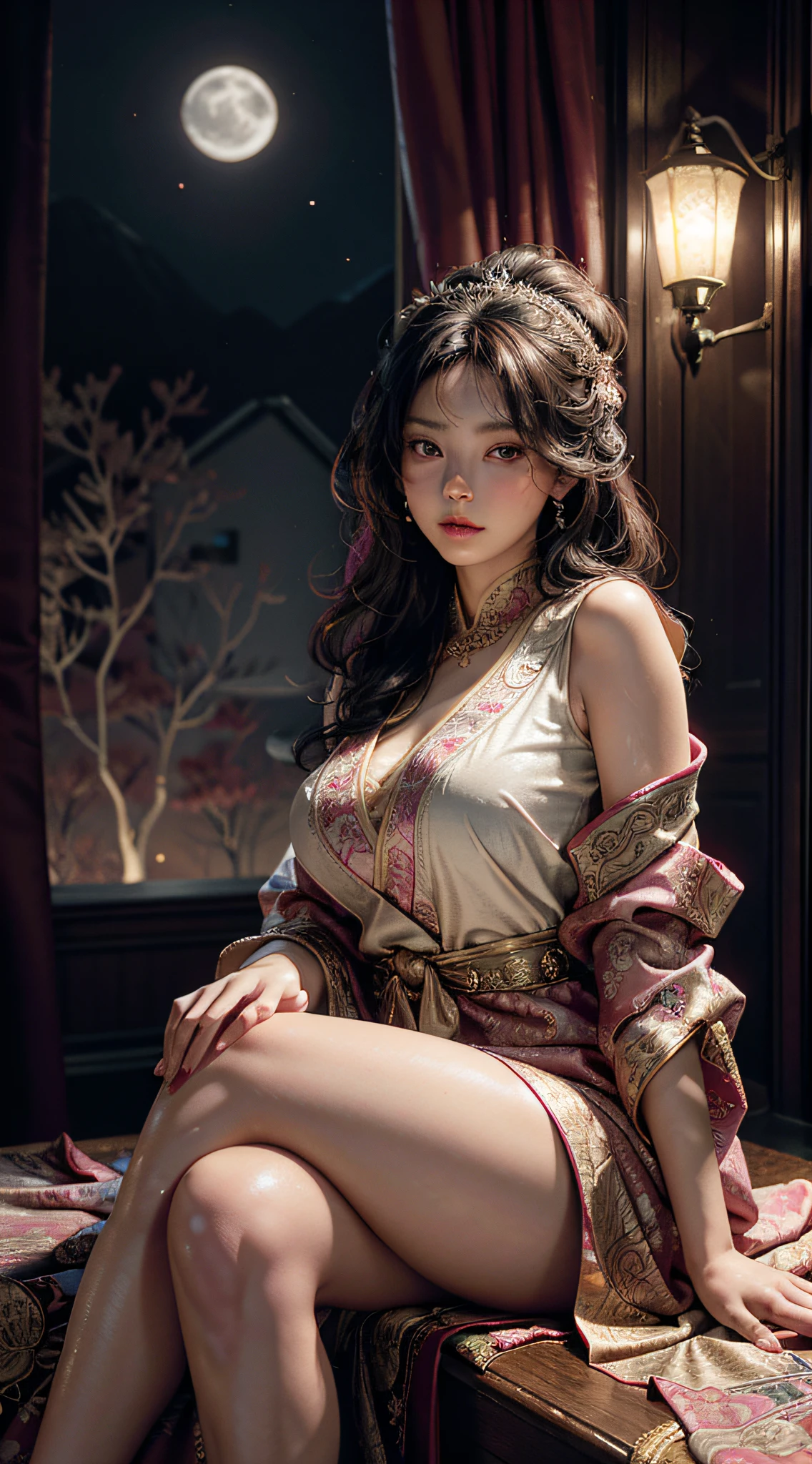 The art depicts a charming woman dressed in a flowing, silky traditional oriental dress, pink, decorated with intricate patterns and bright colors. Her dress drapes elegantly over her curvy figure, accentuating her seductive silhouette. She stood gracefully in the quiet moonlit night, bathed in the soft glow of the moonlight. The scene exudes an ethereal and dreamy atmosphere, with a touch of mystery and sexiness. The graphic style blends watercolor and digital illustration techniques to evoke a refined beauty and charm. The lights are filled with soft moonlight, casting soft highlights and shadows on her charming features. Bare thighs, big breasts, three-dimensional facial features, sitting, upturned legs