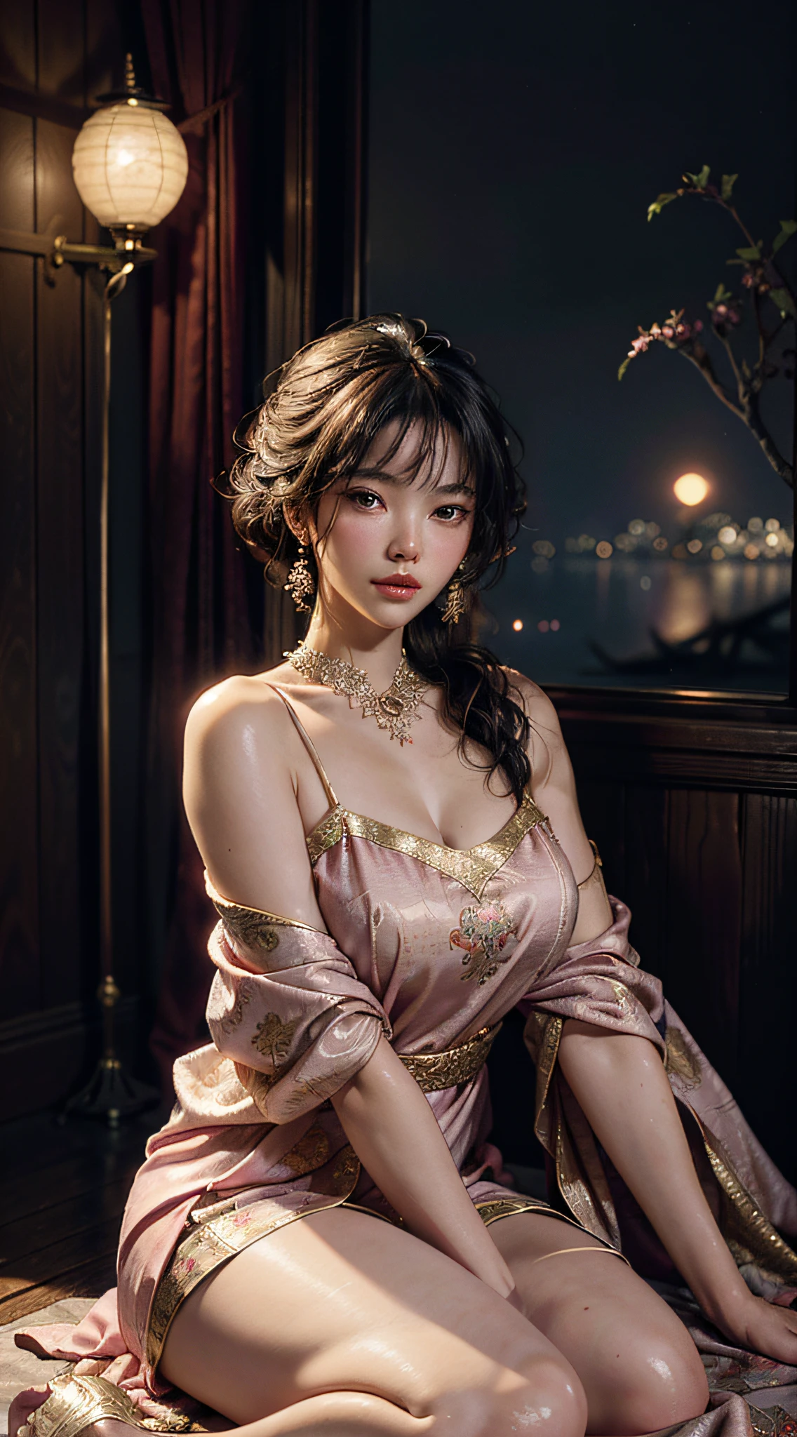 The art depicts a charming woman dressed in a flowing, silky traditional oriental dress, pink, decorated with intricate patterns and bright colors. Her dress drapes elegantly over her curvy figure, accentuating her seductive silhouette. She stood gracefully in the quiet moonlit night, bathed in the soft glow of the moonlight. The scene exudes an ethereal and dreamy atmosphere, with a touch of mystery and sexiness. The graphic style blends watercolor and digital illustration techniques to evoke a refined beauty and charm. The lights are filled with soft moonlight, casting soft highlights and shadows on her charming features. Bare thighs, big breasts, three-dimensional facial features, sitting, upturned legs