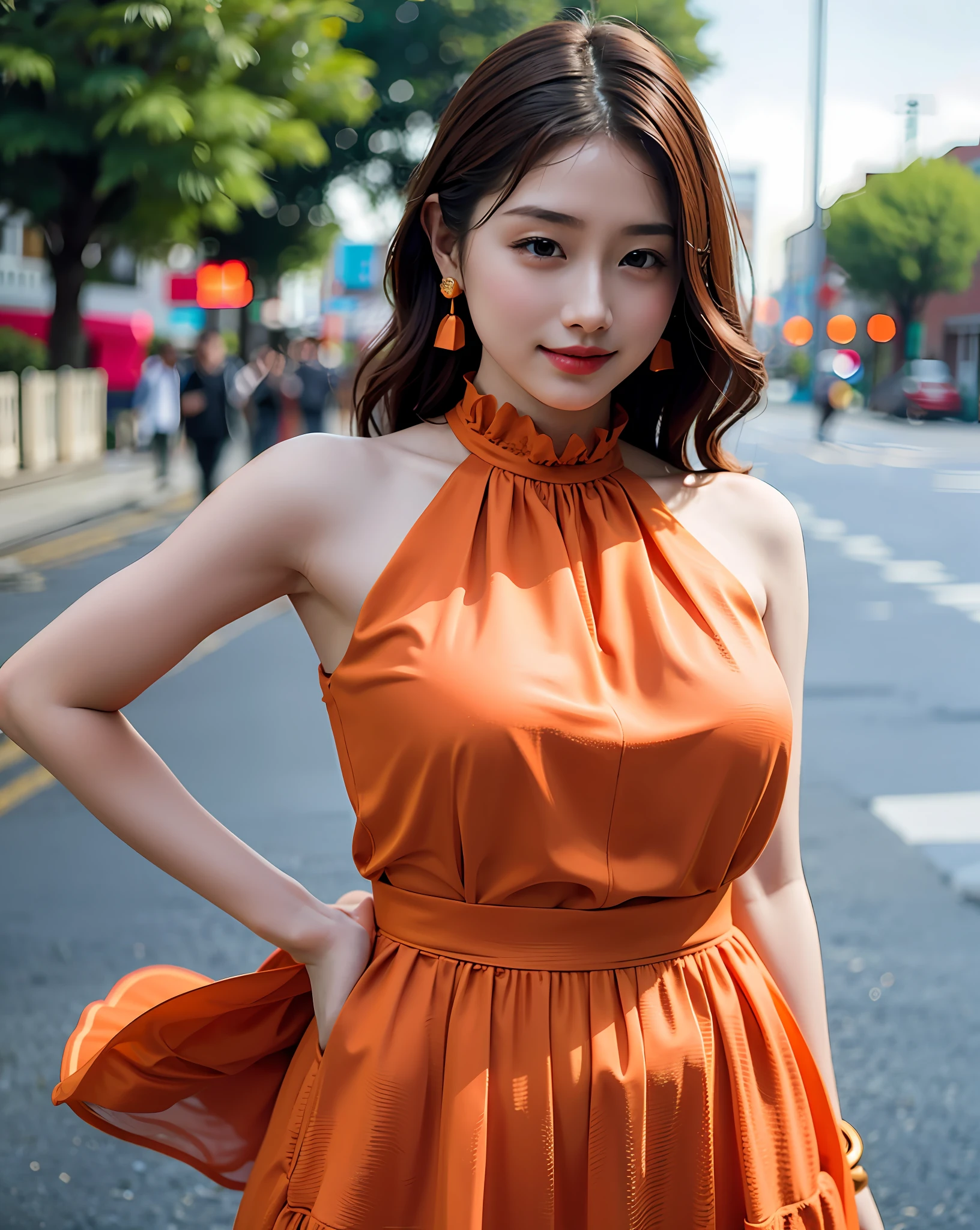 a woman posing on the street corner with light orange dress on, best quality, high res, 8k, 1girl, (huge breasts), day, bright, outdoor, (street:0.8), (people, crowds:1), (lace-trimmed dress:1.5, light orange clothes:1.5, orange high-neck dress:1.5, sleeveless dress, orange dress: 1.5), gorgeous, (medium hair), beautiful detailed sky, beautiful earrings, (dynamic pose:0.8), (upper body:1.2), soft lighting, wind, shiny skin, looking at viewer,