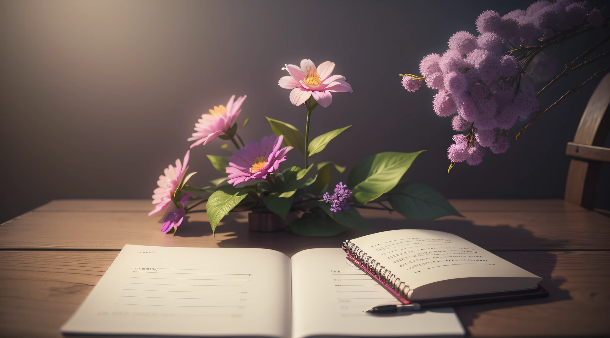 table with notebook,pen, one flower, mystical environment, bright light, sharp focus, volumetric mist, 8k UHD, DSLR, high quality, grain film, Fujifilm XT3 --auto --s2