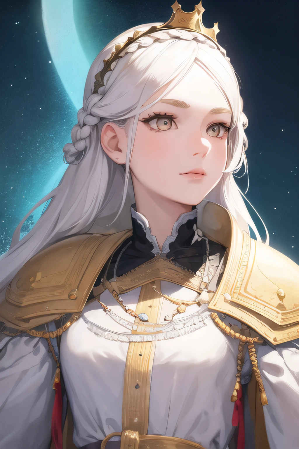 marvelous illustration,
1 girl, 14yo, white eyes, white hair, rectangular face, natural eyebrows, crown braid hair style,
highly detailed background,

masterpiece, ultra quality, extremely detailed, 8k