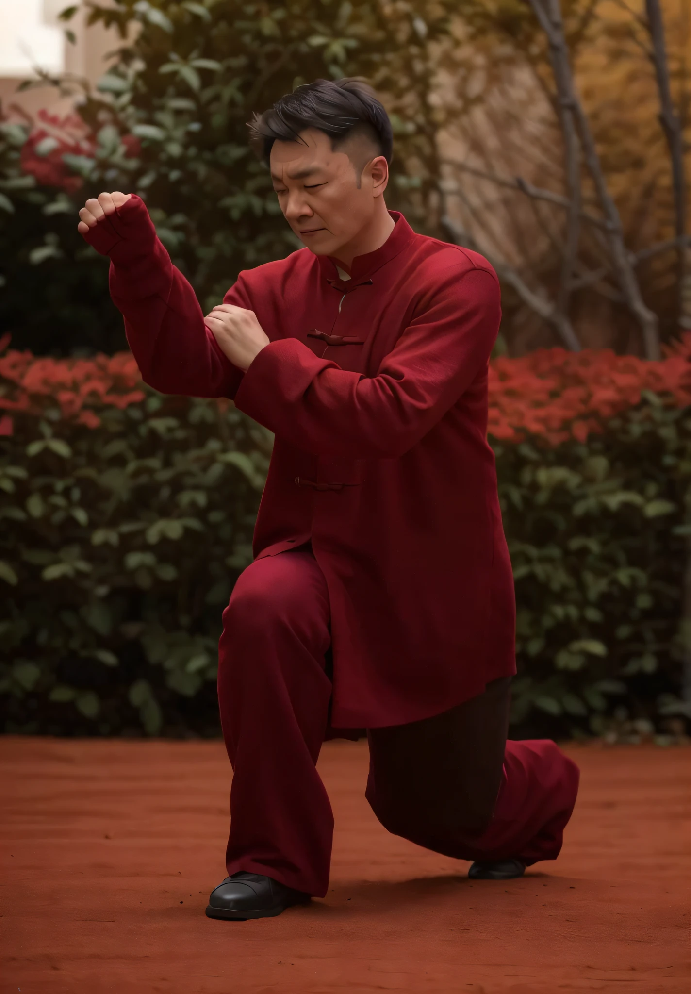 The Arafeld man dressed in red is doing kung fu poses, long fists, and fighting poses