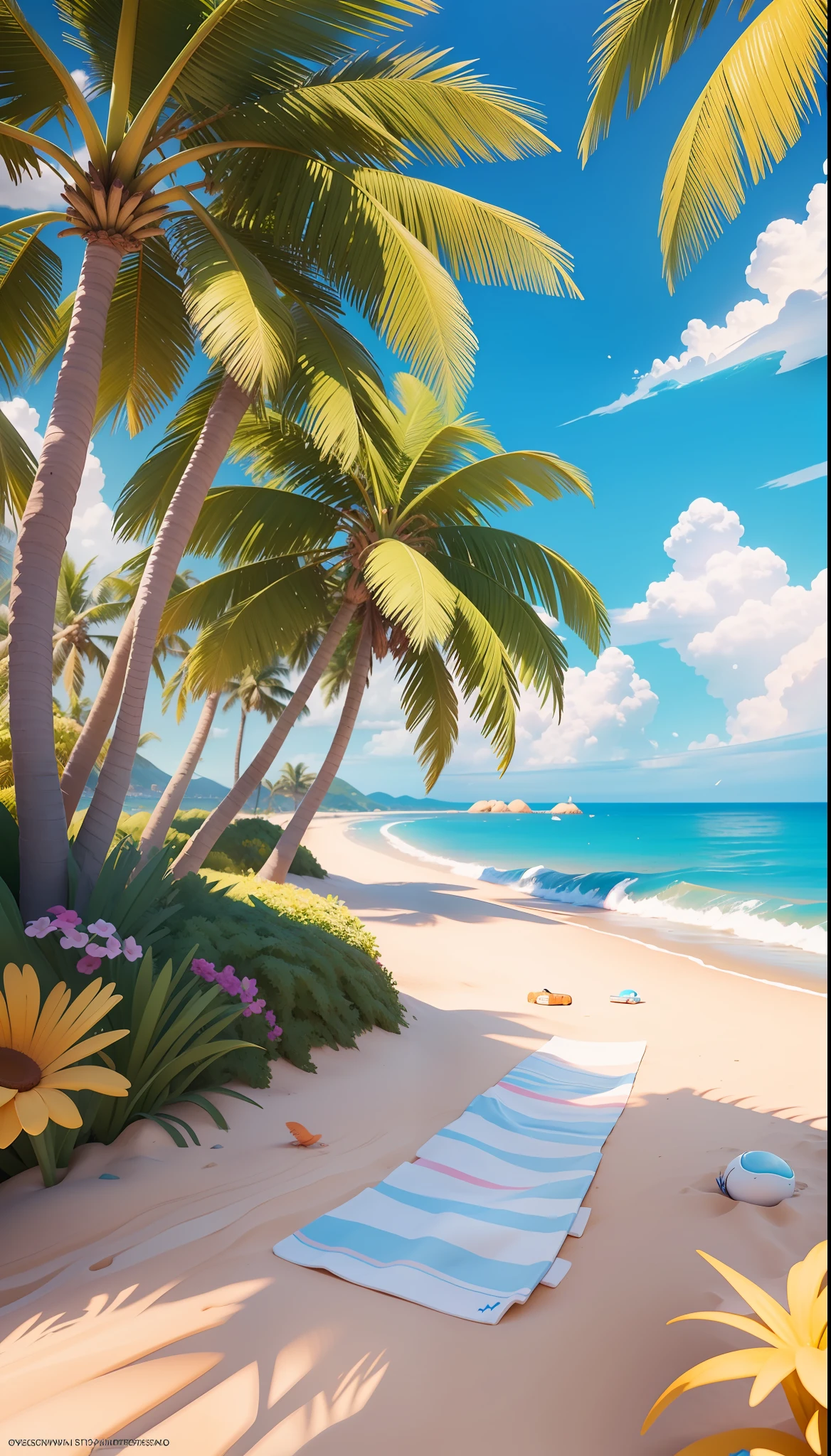 Face the perspective, summer seaside, beach, sunny weather, clear sky, sunny, colorful, happy summer vacation, simple picture, close-up, brilliant sunshine, distant waves, visual impact, 3D DreamWorks style, perspective for square, mobile game background, beach background, game art, featured art splash screen, Lowres, official artwork