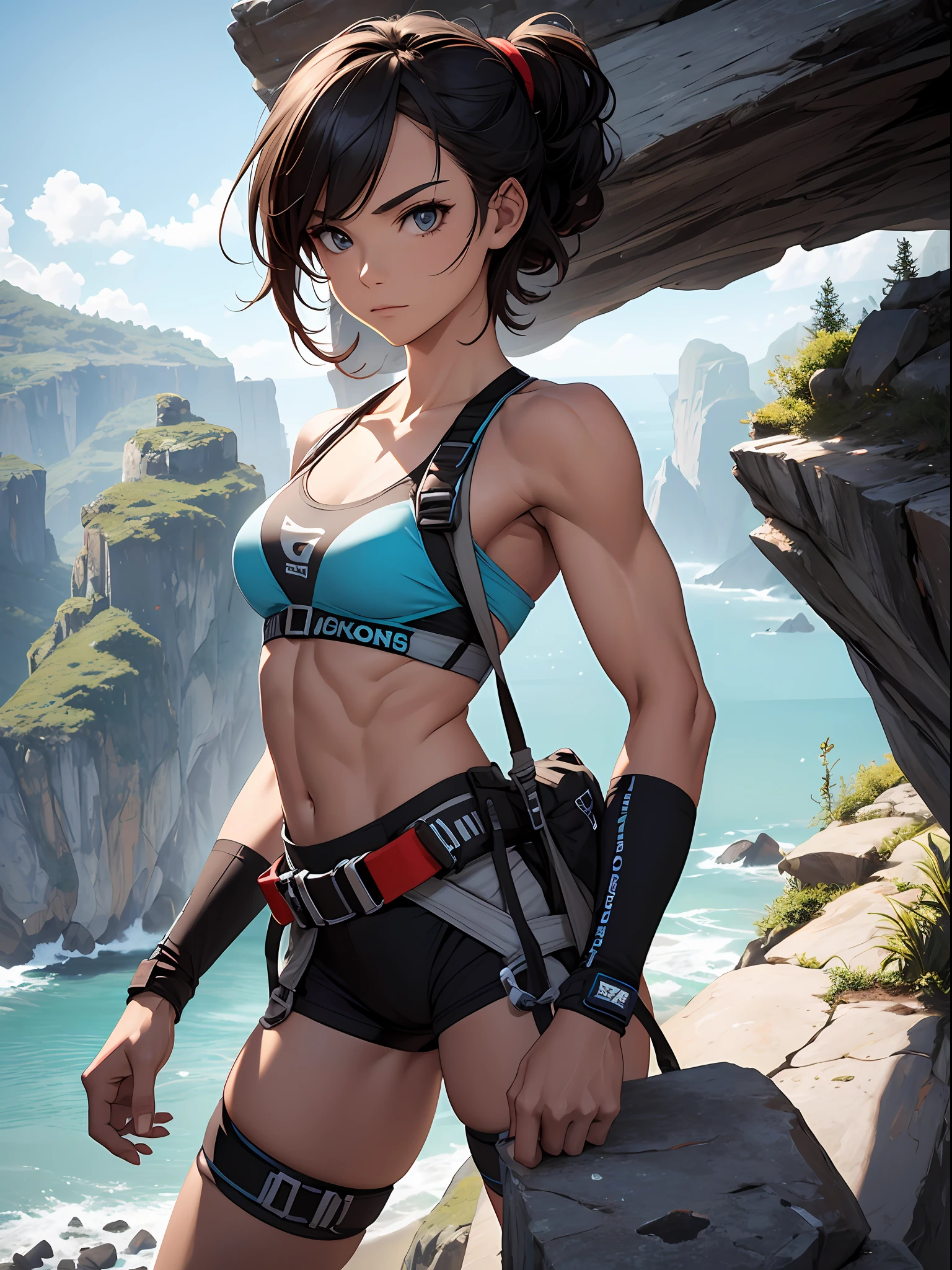 best quality, masterpiece, beautiful rock climber, sexy, tomboy, muscular, petite, rock climbing gear, ropes, equipment, jagged rocks, adventurous, thrilling, mind blowing, risky