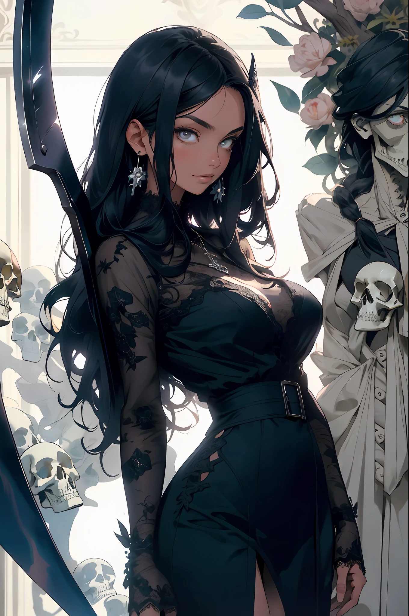 (((BLACK HAIR, [PERFECT REALISTIC EYES]))), (((HOLDING A SCYTHE IN HANDS,)))ultra realistic 8k CG, perfect face, flawless, clean, masterpiece, professional artwork, famous art, cinematic lighting, cinematic flower, perfect face, beautiful face, beautiful eyes, (((perfect female body, narrow waist))), GOTHIC, real, SINISTER, BLACK HOOD, WIDE SMILE, (DARK SETTING), fantasy, MACABRO, unreal, science fiction, (huge breasts),  BLACK clothes, lace, lace trim, lace legwear, nsfw, breasts out, absurdly long hair, very long hair, (rich: 1.4), SKULLS AROUND, intricate detail, delicate pattern, sexy, charming, seductive, seductive, erotic, charming, hair ornament, necklace, earrings, bracelet, armband, looking at the viewer