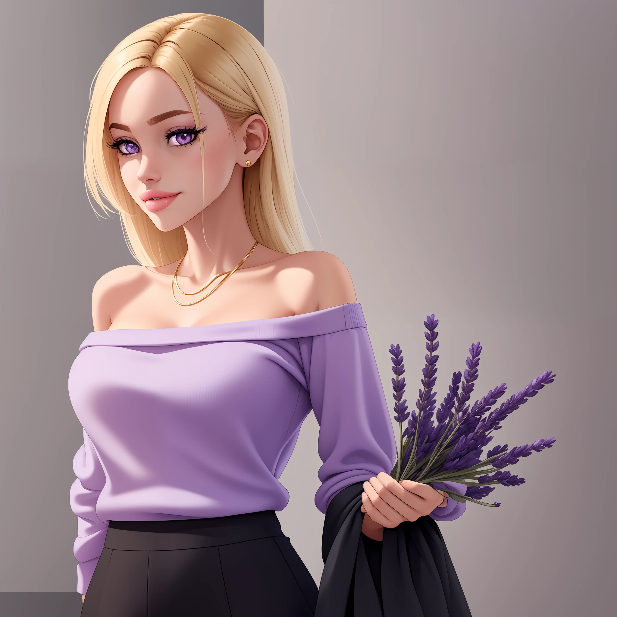 masterpiece, best quality), (finely detailed beautiful eyes), (finely detailed eyes and detailed face), (scenery), (extremely detailed CG, ultra-detailed, best shadow), ((depth of field)), beautiful concept illustration, (illustration), (extremely fine and beautiful), (perfect details), cowboy shot, young woman, mid 20s, smile, happy, Cool and sophisticated hairstyle, ((golden blonde hair)), shoulder length hair, medium-long hair, Simple styling, sharp lines, Natural and elegant makeup, To make the skin shine and bring out a sense of transparency, Simple eye makeup, mascara, Minimalism, monotone, simple color palettes, Clean, sharp designs, flowing silhouettes, Tight skirts and pants, high-waisted skirts and pants, simple dresses, shirts and blouses, asymmetrical, geometric, Elegant and luxurious materials and designs, Simple, minimal accessories, Slim necklaces and rings in silver or gold, Simple bangles, Distinctive designs, simple silhouettes, chic and mature impression, simple and sophisticated style, elegance, minimalism, high quality materials, cool and urban impression, high fashion, simplicity and sophistication, ((Lavender purple eyes)), detailed lips, glossy lips, lipstick, D-cup breasts, best quality, masterpiece, sweater dress