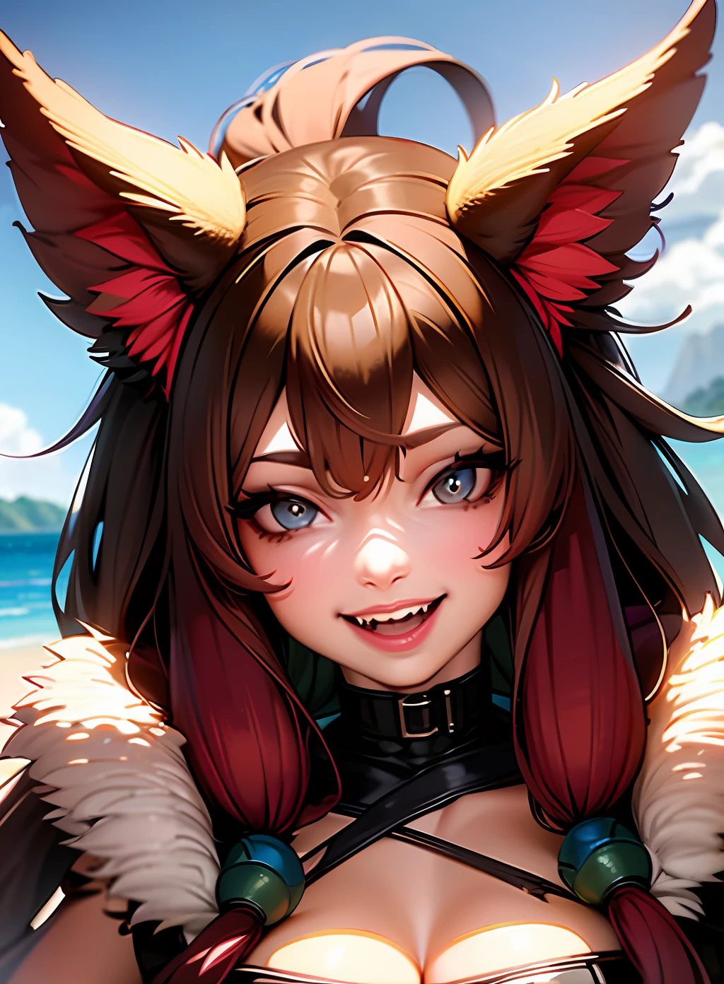 An anthropomorphic brown hyena with blue eyes, red mane (on top of head), brown body, red claws, blue eyes, brown fur, dark gray nose, claws, lipstick, lipstick, fur, beach, happy, green tufted head intense, looking at viewer, open mouth, smile