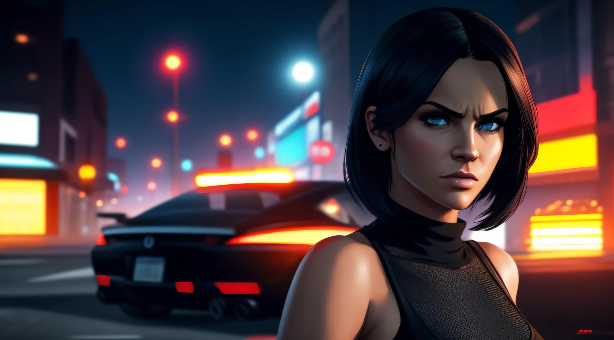 ((gta v style)), ((gta v wallpaper style)), ((gta v artwork)), realistic, photorealistic, cinematic, cinematic lights, dark colors, volumetric lights, reflections, dramatic, ultra detailed, modern, ((masterpiece)), close on the face, background embassado, faint colors, beautiful, sexy woman, solo, blue eyes, short hair, black chanel hair, hair in the wind, light age marks, slim body fitness, angry face, nightclub, sexy clothes.