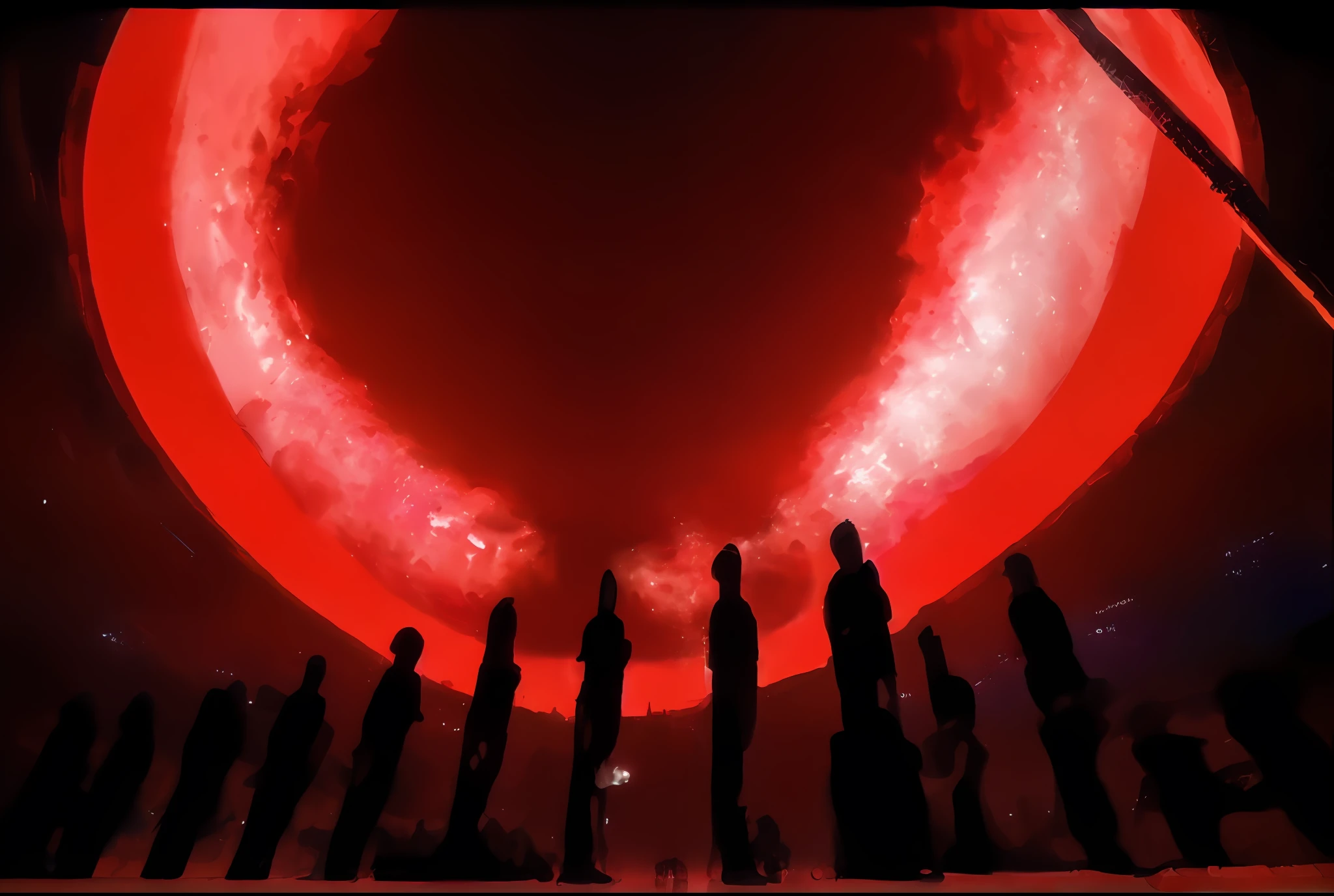 people standing in front of a large red light with a large circle of fire, olympics ceremony, olympics footage, photo from the olympic games, the olympics footage, summer olympics footage, red sprites in the atmosphere, giant red led screens, atmospheric red effects, atmospheric red lighting, epic stunning atmosphere, red glow in sky, very epic atmosphere, visually stunning scene