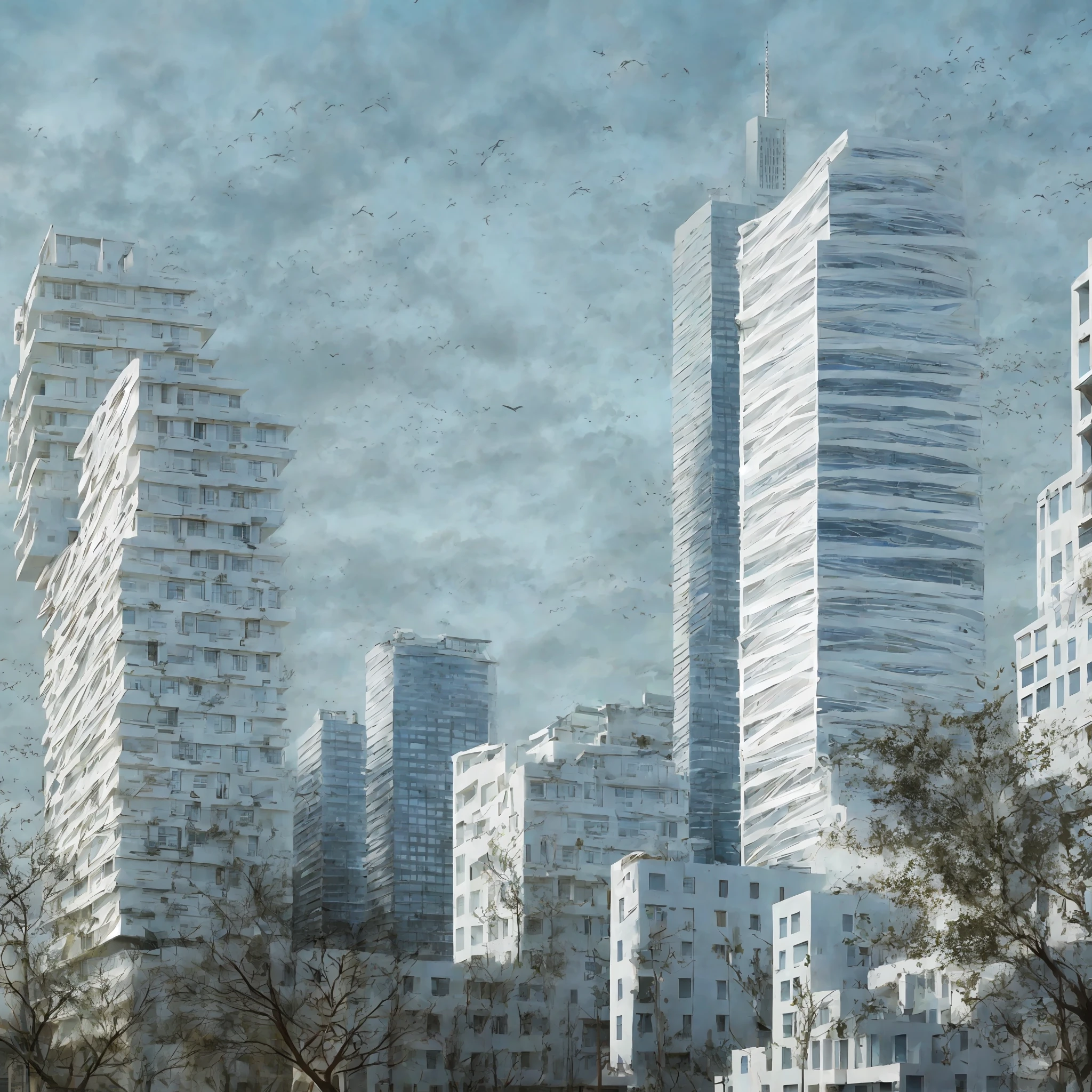 white_building,bare_tree, cityscape, sky, gradient, house, outdoor, landscape, sky, skyline, skyline, skyscraper, street, tree, best quality, clean ground, blue car, realistic style