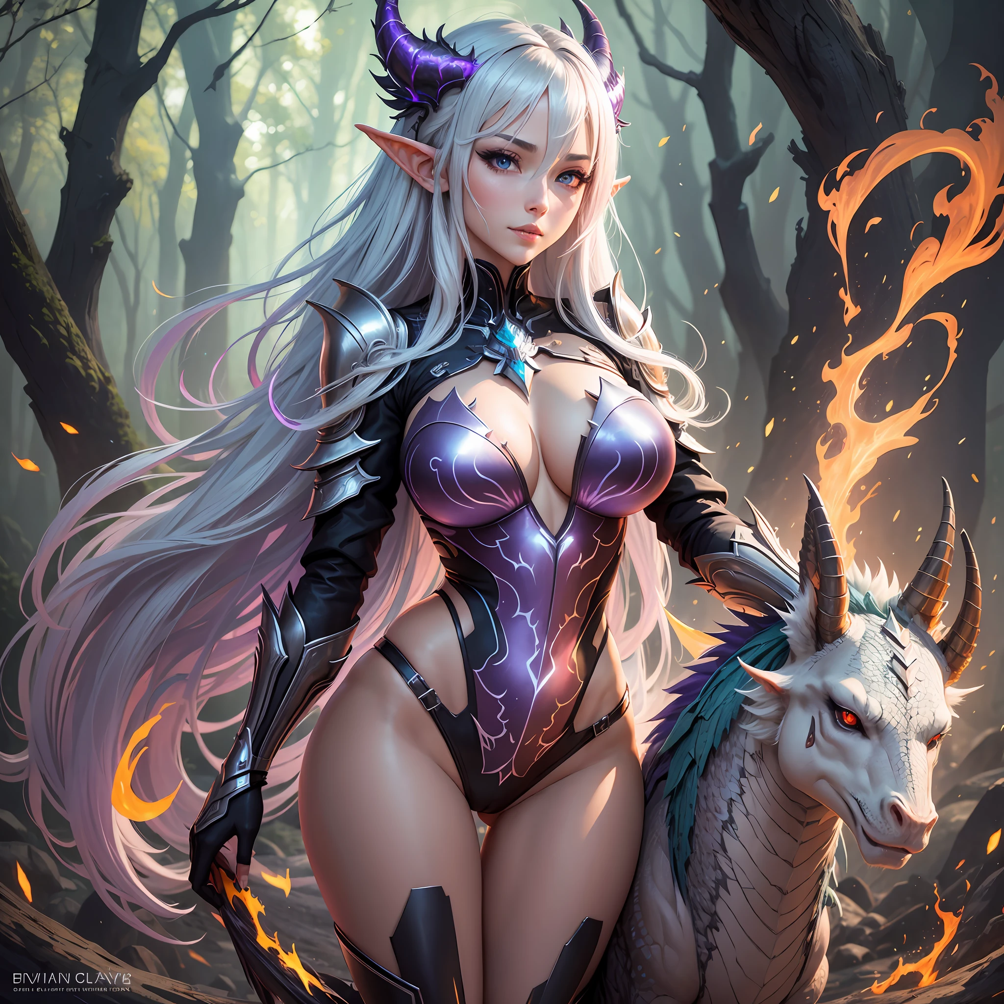 dragon hybrid,dragon horns, light smile, ear blush, fang, Surrealism, drop shadow, anaglyph, stereogram, tachi-e, pov, atmospheric perspective, cinematic lighting, bloom, ray tracing, image fill, reflection light, depth of field, 8k, super detail, ccurate, best quality, A beautiful female elf dragon hybrid with long flowing silver hair wearing glistening dragon scale skin armor, standing in a burning forest of flickering ash and smoke, female model, exposed body, full body portrait, thick thighs, large breasts, toned body,camel toe, breasts, life like, high definition, high resolution, Artificial intelligence, AI art, dynamic pose, delicate face, vibrant eyes, silver hair, streaked hair, very long hair, expressive hair, multicolored eyes, aqua eyes, purple eyes, light smile, shy, blush, parted lips, licking lips, heavy breathing, naughty face, naughty, sparkle, god rays, super detail, high quality, anatomically correct, textured skin, best quality,full body portrait, guweiz on artstation pixiv, flaming nova,fire in the sky, photo realism, ultra high detail, rich detail, sensual expression, resolution 4098x2160, 8k --auto --s2