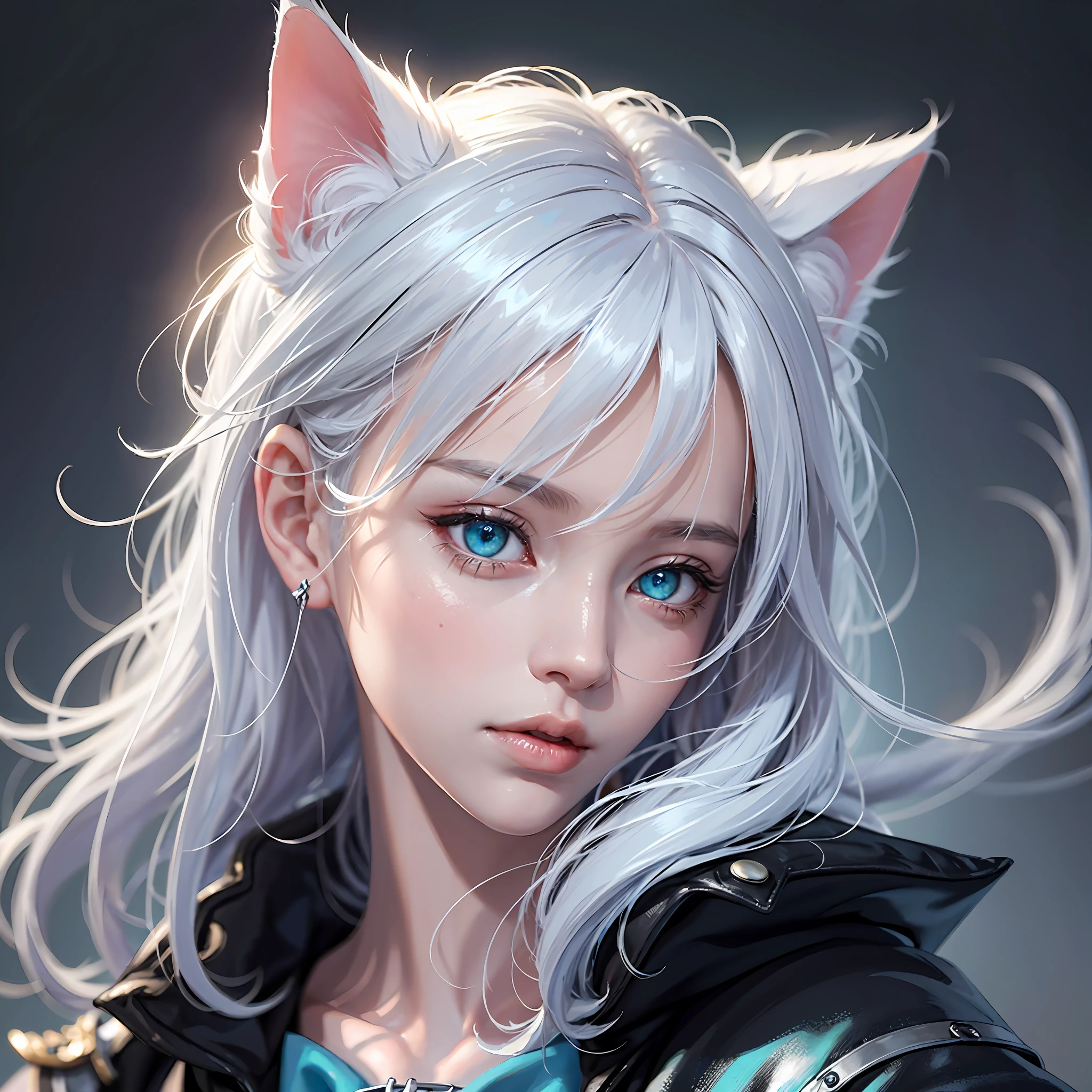 Masterpiece, best quality, dark environment, backlight, blue moon, cat, cat head, white cat hair, (white hair) (very detailed CG unified 8k wallpaper), (best quality), (best illustration), bow cat man, close-up, focused face, depth of field, blurred background, black forest, (best shadow), detailed green eyes, absurdity, realistic lighting, (abyss), fine detail, works by Peter Molbach, fog, fog, --auto --s2