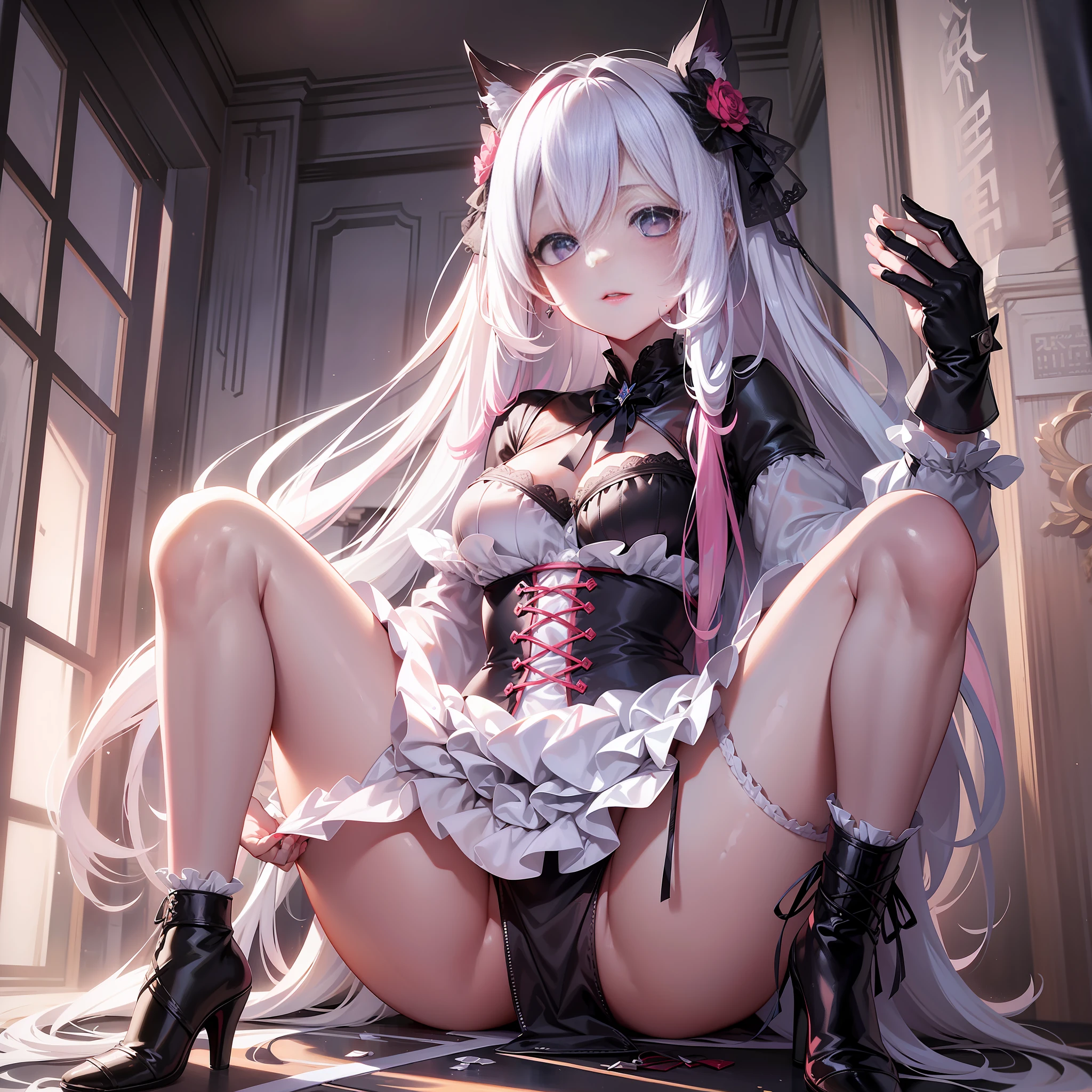 White silk stockings, oversized breasts, pink bow hair ornament, white lace lingerie, shy, black silk, girly, pure, hands stretched up Blush, legs open, pink pupils, light blue, white, cyan, slip skirt, sexy, perfect body proportions, long black hair, , suspenders, cute, cape, magic book, cold white skin, cold white skin, colorful long hair, full body, cold white skin, ruby bright eyes, animation style, masterpiece, cold white skin, red lips, fairy skirt, delicate and soft face line portrayal, dreamy, Messy long hair, messy hair, black clothes, exquisite facial features, master works, excellent, chiaroscuro, colorful, complex details, high degree of completion, high definition, extreme details, high quality, deep pupils, very fine CG picture quality, HD, wallpaper, evil charm, highest quality, girly, 4K picture quality, super long eyelashes, black multi-layer skirt, fine facial features, messy long hair, messy hair