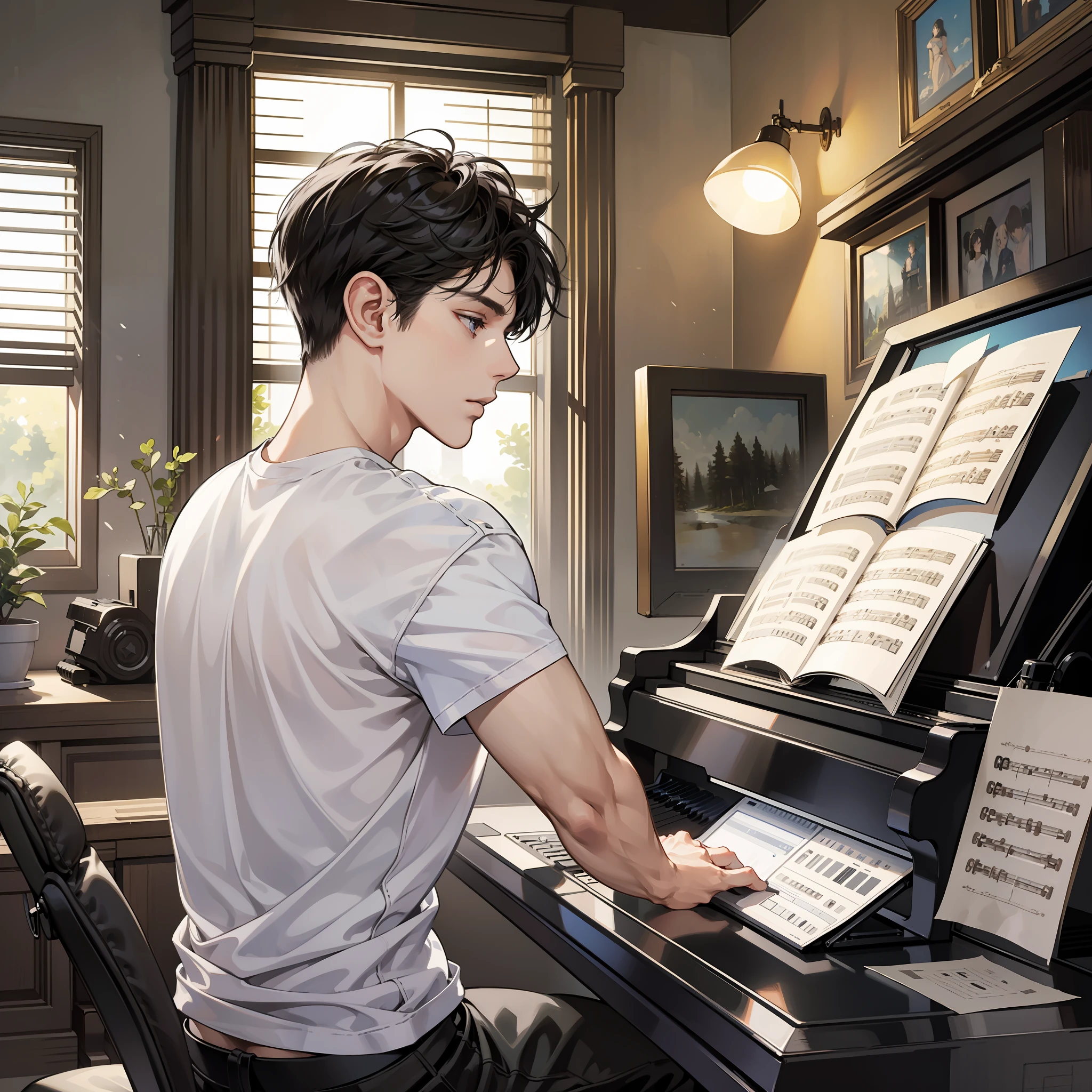 Masterpiece, high quality, best quality, HD, realistic, perfect lighting, detailed body, 1 man, short black hair, white t-shirt, wearing headphones, playing piano, computer, back to back, far view, in the room