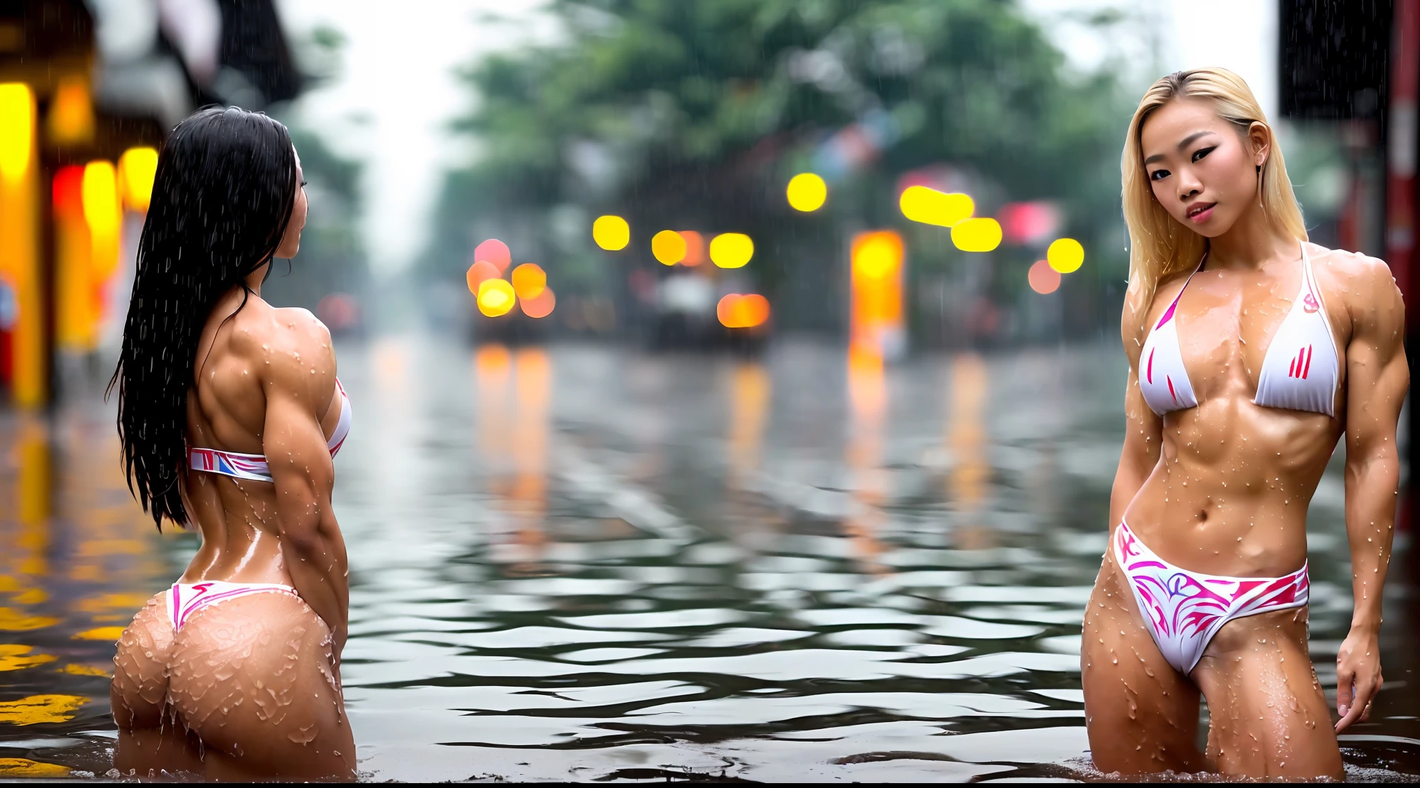 young beautiful Thai woman, blond hair, bodybuilder physique, wet on the street, rainy day, masterpiece, best quality, ultra-detailed, (skin texture), cinematic, Key light, backlight, natural lighting, photography 400 ISO film grain 30mm lens RAW aperture f1.8, art photographer