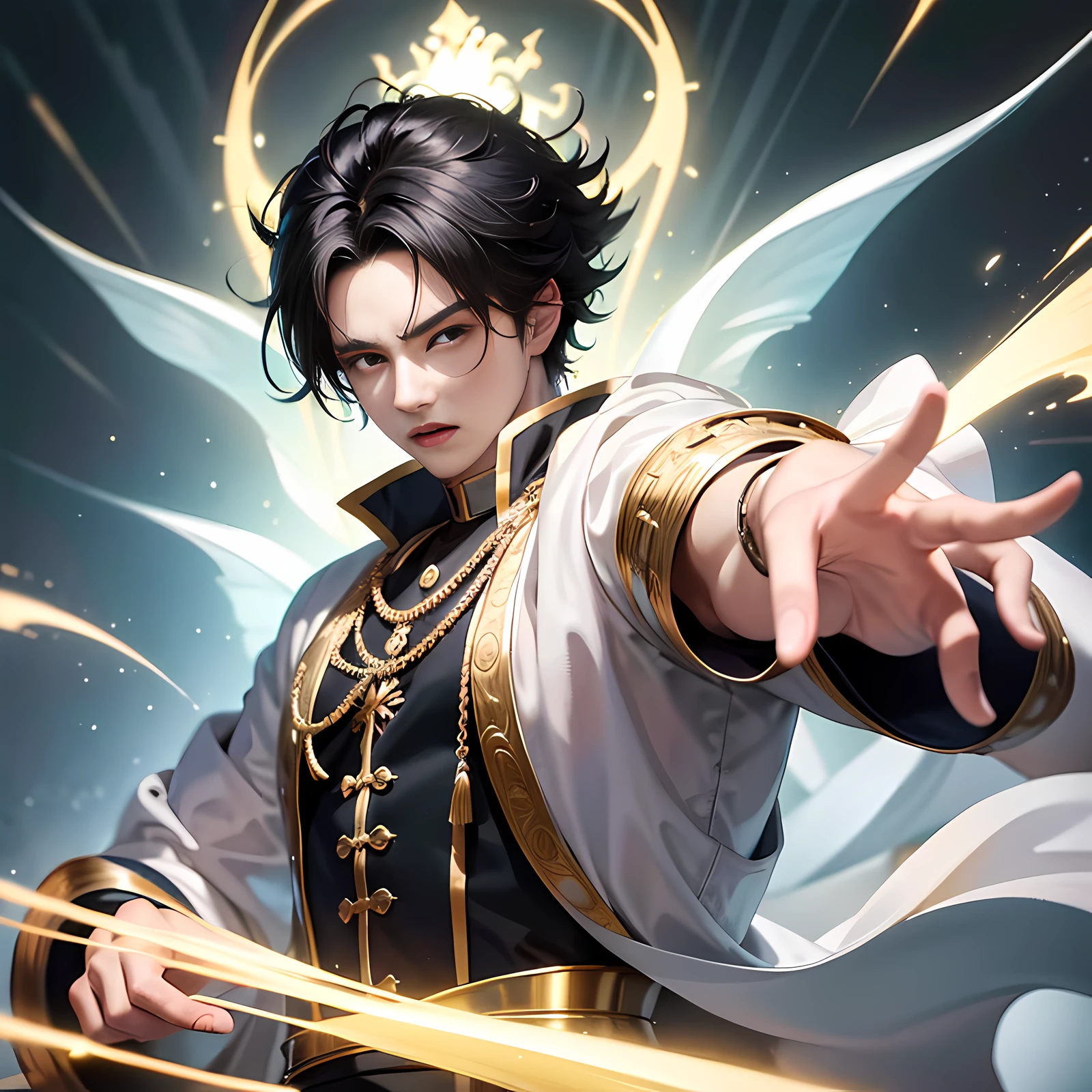 Young man, black hair, wearing a white-gold robe, a cloud of energy on his head, energy flow, character hyper-detail, finger ultra-detail, super detailed, epic composition, 4k, first-person view