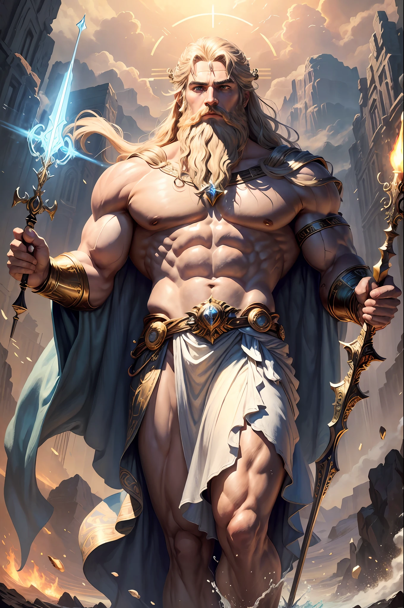 ((Best Quality)), ((Masterpiece)), (detailed), depiction of Zeus, god of the Greek gods, (mythology: 1.2), (majestic appearance: 1.1), (spear of thor in hand: 1.2), flowing beard and hair, muscular physique, wearing a crown made of shells, (marine field: 1.1), (powerful presence: 1.2), (tempest: 1.1), (divine aura: 1.1), (commanding gaze: 1.1), 8k resolution.