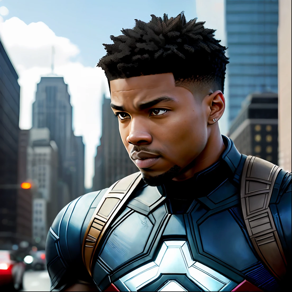 8k, RAW photo, best quality, masterpiece: 1.2), (realistic, comic marvel style), 1boy, new york landscape, day, traffic, professional lighting, photon mapping, radiosity, cartoon style, (black man, tall), (michael b jordan style hair), (black eyes), captain america shield, (muscular and defined body)