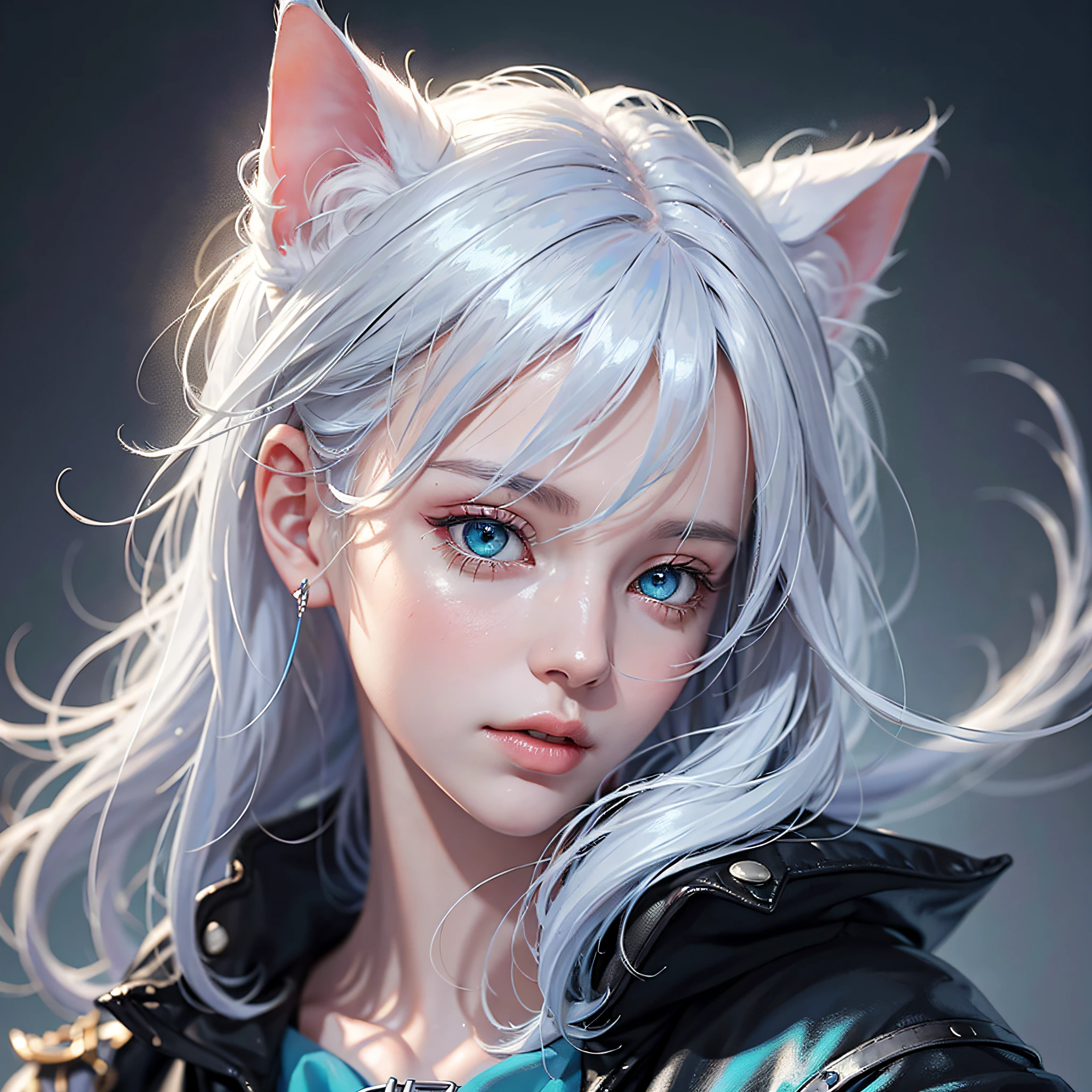 Masterpiece, best quality, dark environment, backlight, blue moon, cat, cat head, white cat hair, (blue hair) (very detailed CG unified 8k wallpaper), (best quality), (best illustration), bowed cat man, close-up, focused face, depth of field, blurred background, black forest, (best shadow), detailed green eyes, absurdity, realistic lighting, (abyss), fine detail, works by Peter Morebach, fog, fog, fog, --auto --s2