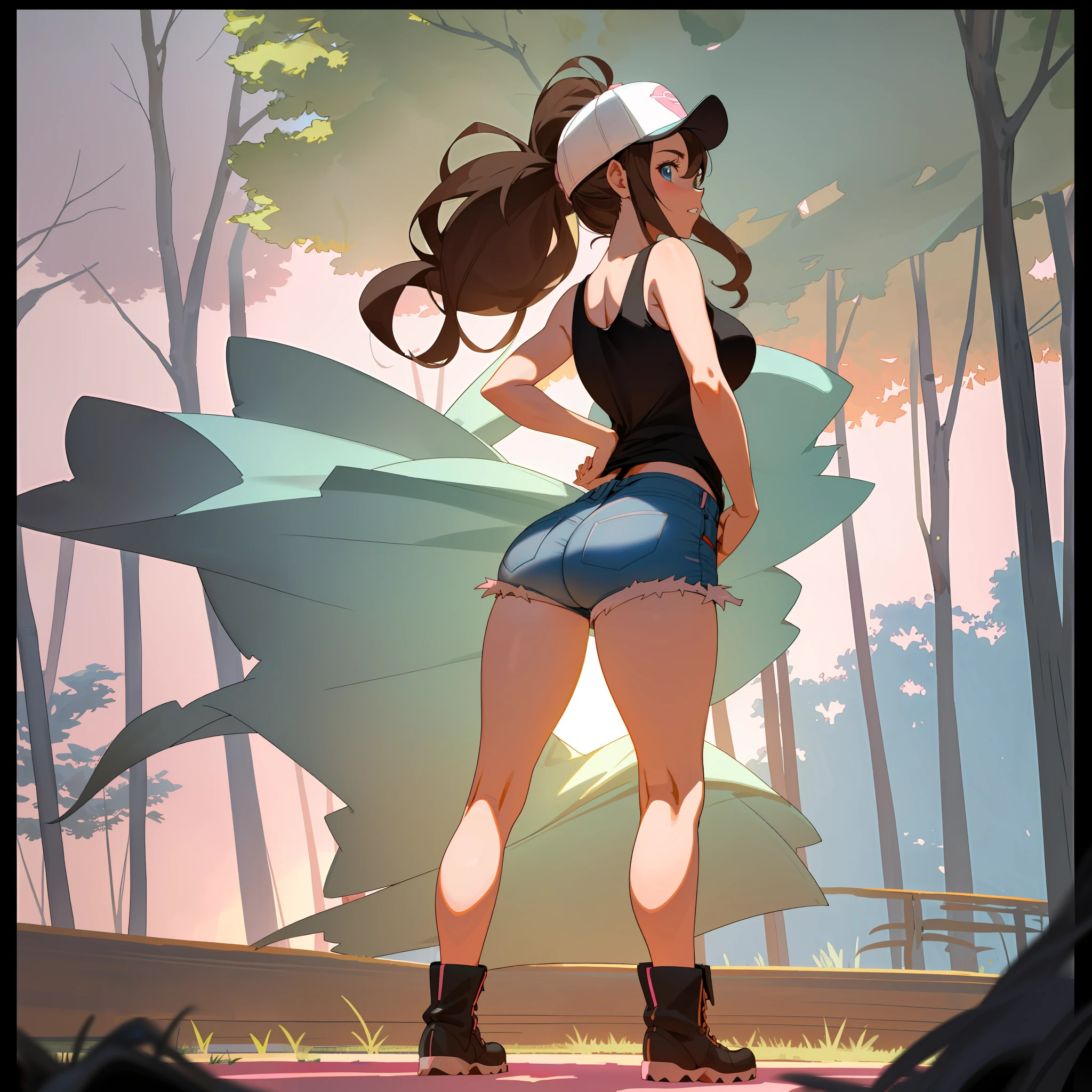 [hilda_(Pokemon)], ((High definition)), ((detailed shading)), ((beautiful solo portrait)), ((full body)), ((behind view)), ((raw photo)), ((ass focus)), ((semi-realistic)), ((anime girl)), ((beautiful 3D art)), ((detailed shading)), ((realistic proportions)), {attractive; (brown hair; long ponytail), (beautiful blue eyes), (frown; white teeth), white tank top, (denim short shorts; exposed pockets), (black boots), (white baseball cap; pink brim), beautiful legs, curvaceous hips, beautiful lips}, (standing; looking back, 1 hand on hip, dynamic pose), [background; plains, sunny, trees, sunset], (well drawn hands)