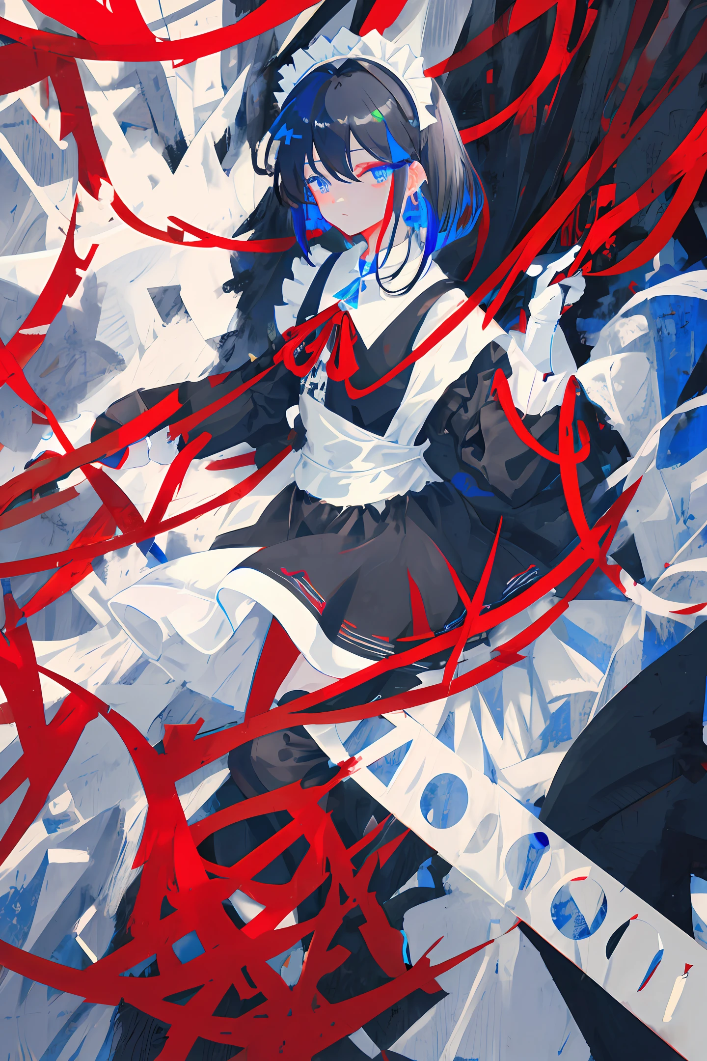1girl, colored tips,short hair with long locks,black hair,Maid dress,flat_chest,maid headdress,ribbon,empty eyes,blue_eyes,red necklace,red earrings,long gloves,