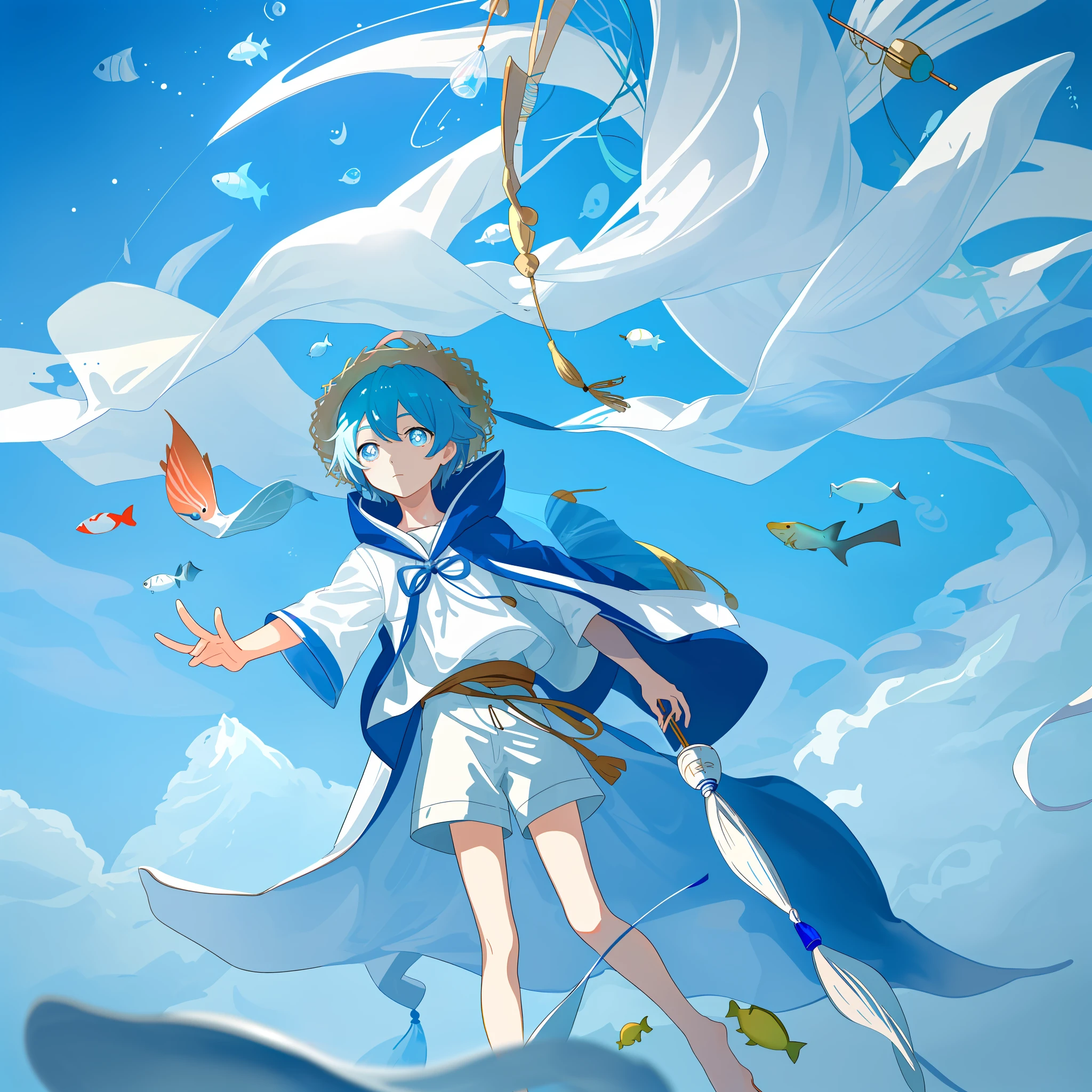 On the back of a giant floating whale, a small Shota sits and plays a flute, wearing short-sleeved shorts and white and blue gradient pupils. His straw hat hung with wind chimes and streamers and a long cloak. Surrounded by countless schools of swimming fish, the picture is dreamy and standing in style.