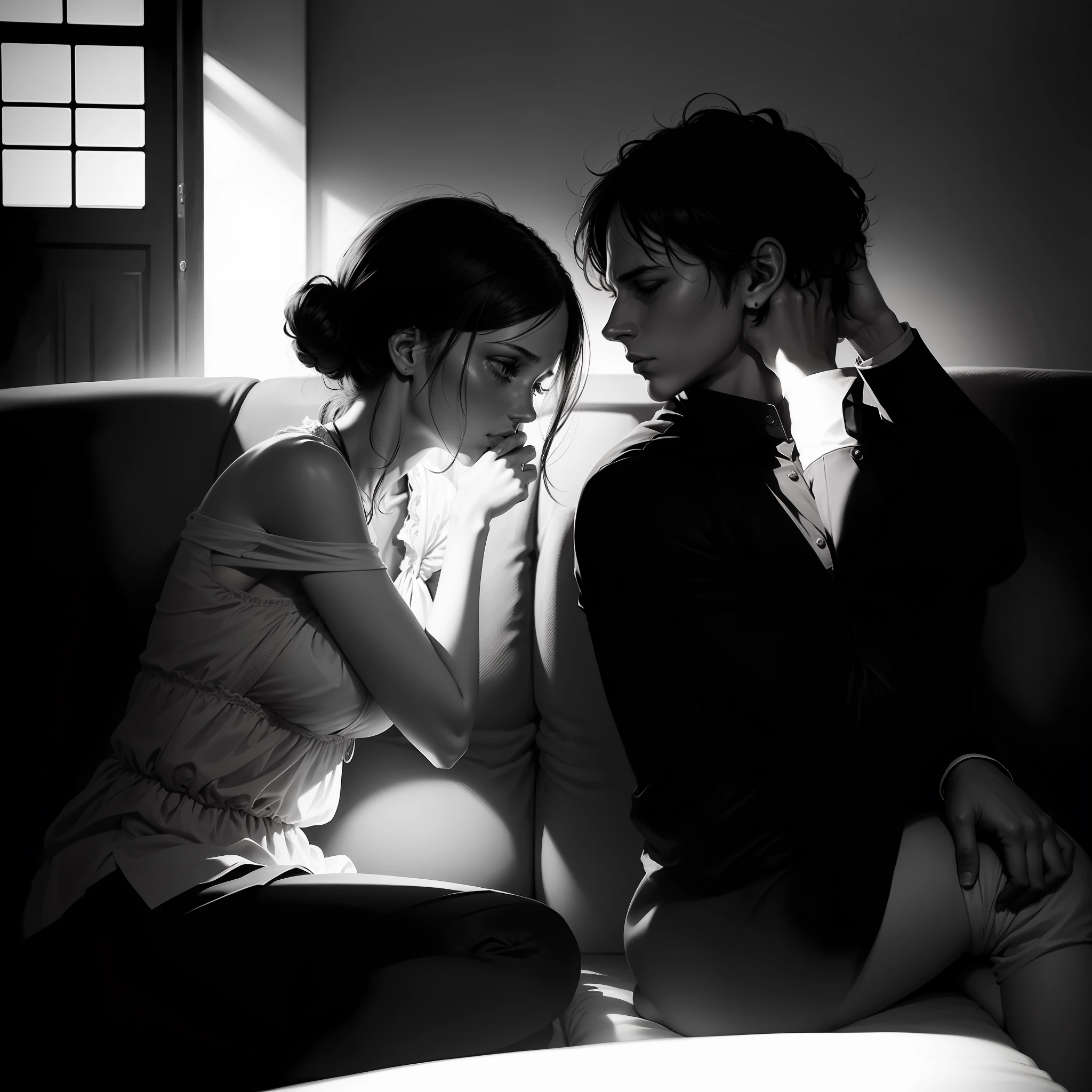 Silhouette man and woman sitting on the couch crying hands on head,separated, black and white, realism,