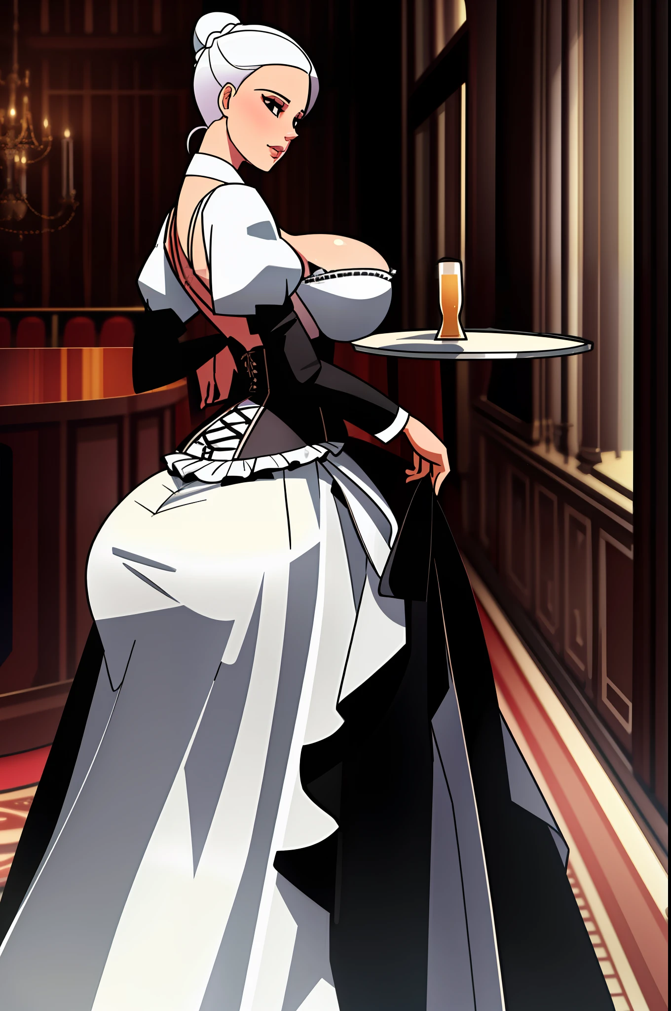 balsamique, masterpiece, best quality, 1girl, breasts, solo, doll joints, barbie anatomy, huge tits, corset, empty eyes, white eyes, platinum hair, black slipstick, hair bun, huge ass, ballroom gown, beer glass, dirndl
