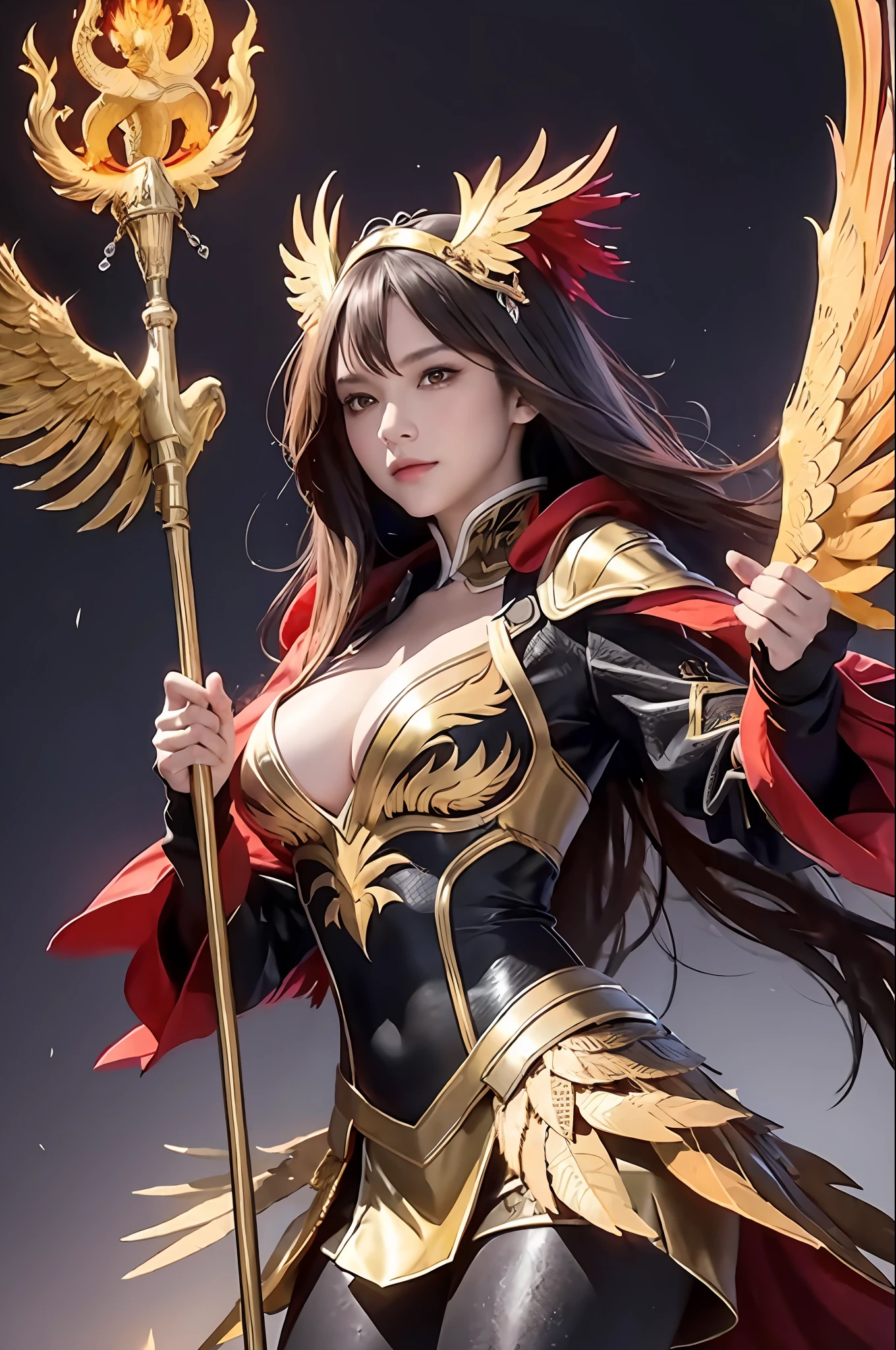 (masterpiece:1.2, best quality), 1lady, solo, Phoenix keeper, fireproof suit with a golden phoenix emblem, fire cage with obsidian bars, phoenix nest with shimmering golden feathers, talon gloves for handling the phoenix, fire ruby for feeding the phoenix, big tits,