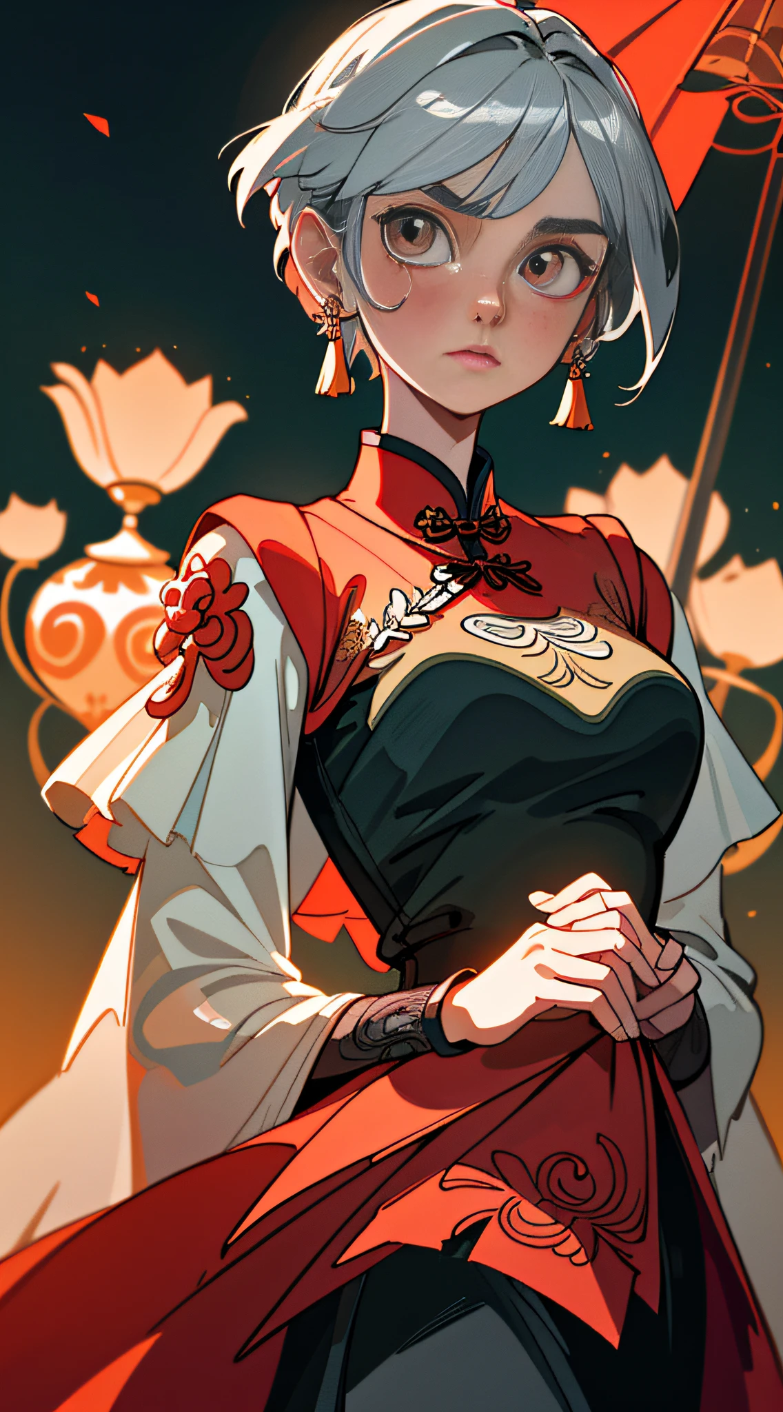 (Masterpiece, Best Quality), Masterpiece, Ultra Detailed, Super HD, High Quality, Highest Quality, 32k, ((Delicate Beautiful Face, Super Pretty)), ((Super Delicate Big Eyes, Focused Eyes))), Maiden in Cheongsam, Red Cheongsam, Epic Composition, Short Silver Hair, Gorgeous Costumes, Intricate Design, Hair Accessories, Earrings, Walking on the Street, Night, Charming Expressions, Upper Body, Close-up, Amazing Facial Features, Flowing Short Hair, Neck Exposed, Complex Design, Simple Background, Background blur, stunning lighting, C4D, OC rendering, movie edge light, fine light,