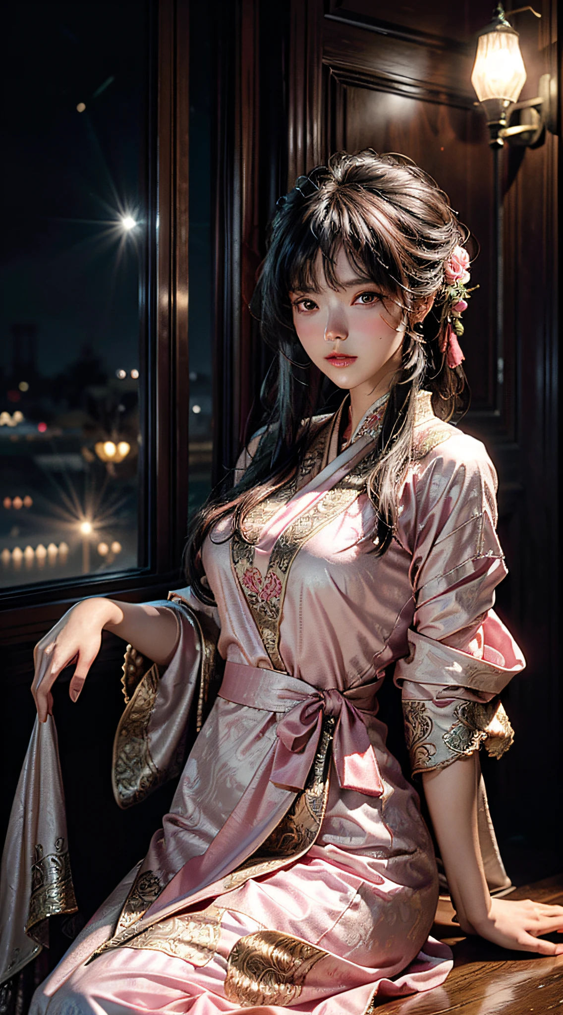 The art depicts a charming woman, 20 years old, dressed in a flowing, silky traditional oriental dress, pink, decorated with intricate patterns and bright colors. Her dress drapes elegantly over her curvy figure, accentuating her seductive silhouette. She stood gracefully in the quiet moonlit night, bathed in the soft glow of the moonlight. The scene exudes an ethereal and dreamy atmosphere, with a touch of mystery and sexiness. The graphic style blends watercolor and digital illustration techniques to evoke a refined beauty and charm. The lights are filled with soft moonlight, casting soft highlights and shadows on her charming features. Open thighs, big breasts, three-dimensional facial features, feminine, 8K, HD