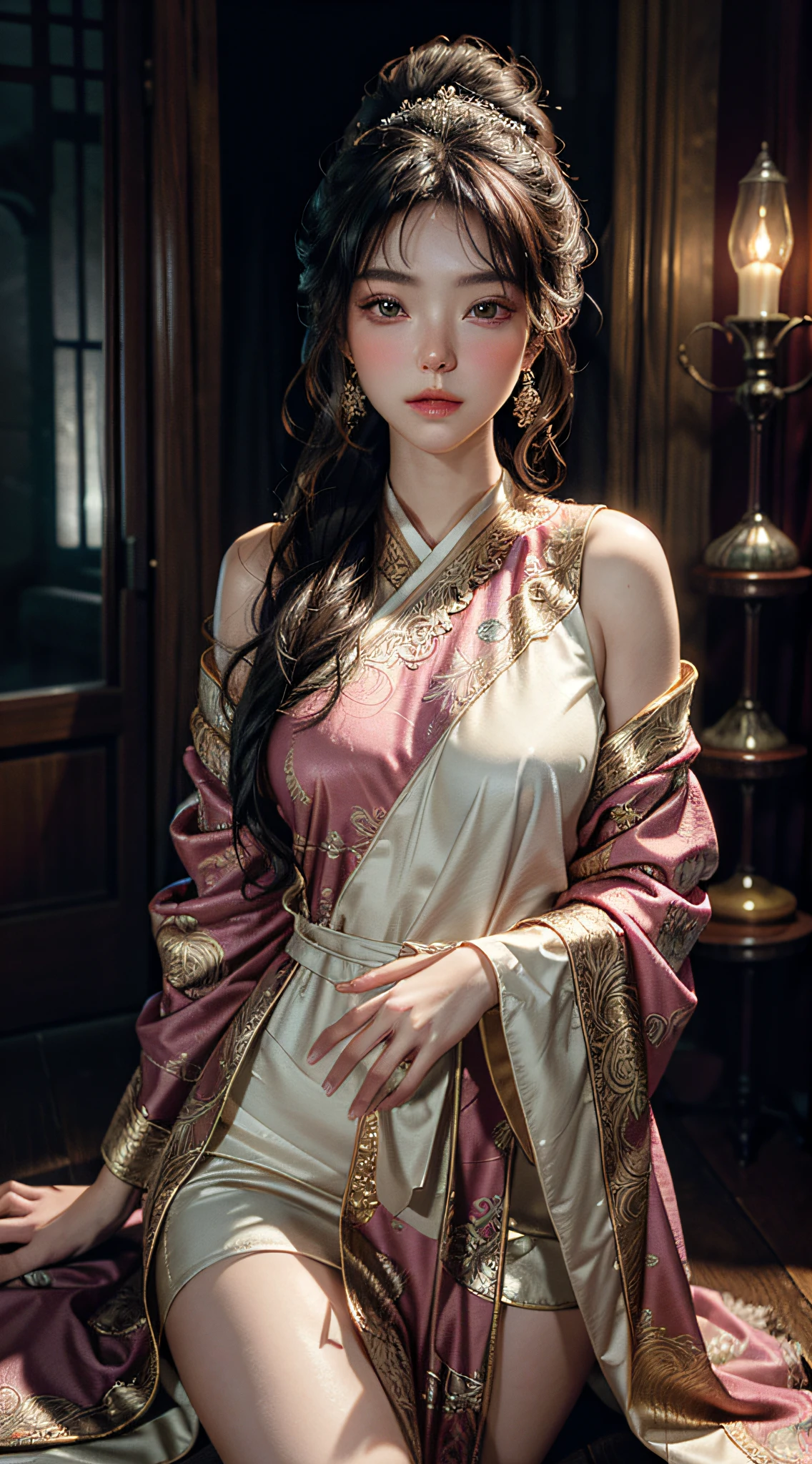 The art depicts a charming woman, 20 years old, dressed in a flowing, silky traditional oriental dress, pink, decorated with intricate patterns and bright colors. Her dress drapes elegantly over her curvy figure, accentuating her seductive silhouette. She stood gracefully in the quiet moonlit night, bathed in the soft glow of the moonlight. The scene exudes an ethereal and dreamy atmosphere, with a touch of mystery and sexiness. The graphic style blends watercolor and digital illustration techniques to evoke a refined beauty and charm. The lights are filled with soft moonlight, casting soft highlights and shadows on her charming features. Open thighs, big breasts, three-dimensional facial features, feminine, 8K, HD