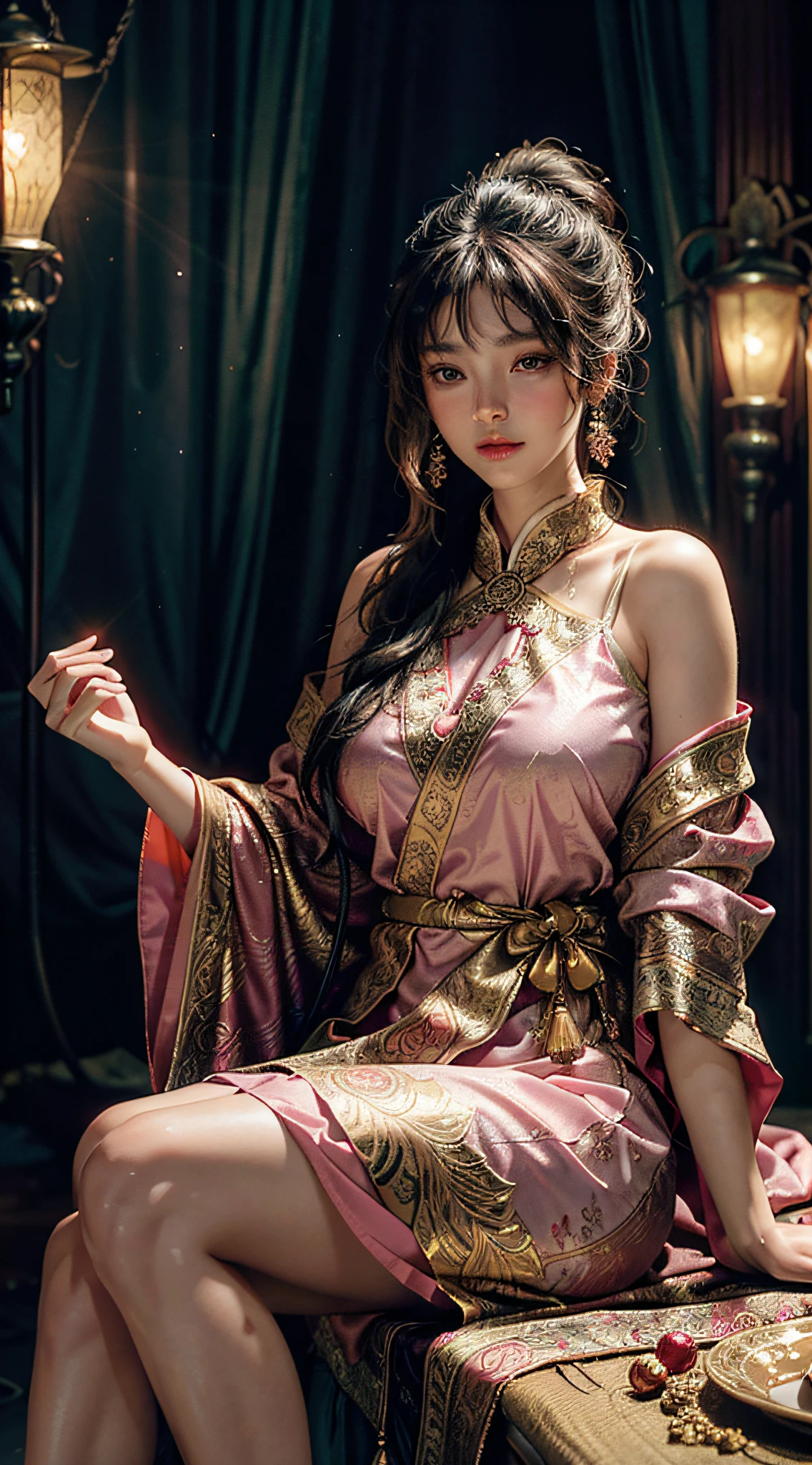 The art depicts a charming woman, 20 years old, dressed in a flowing, silky traditional oriental dress, pink, decorated with intricate patterns and bright colors. Her dress drapes elegantly over her curvy figure, accentuating her seductive silhouette. She stood gracefully in the quiet moonlit night, bathed in the soft glow of the moonlight. The scene exudes an ethereal and dreamy atmosphere, with a touch of mystery and sexiness. The graphic style blends watercolor and digital illustration techniques to evoke a refined beauty and charm. The lights are filled with soft moonlight, casting soft highlights and shadows on her charming features. Open thighs, big breasts, three-dimensional facial features, feminine, 8K, HD